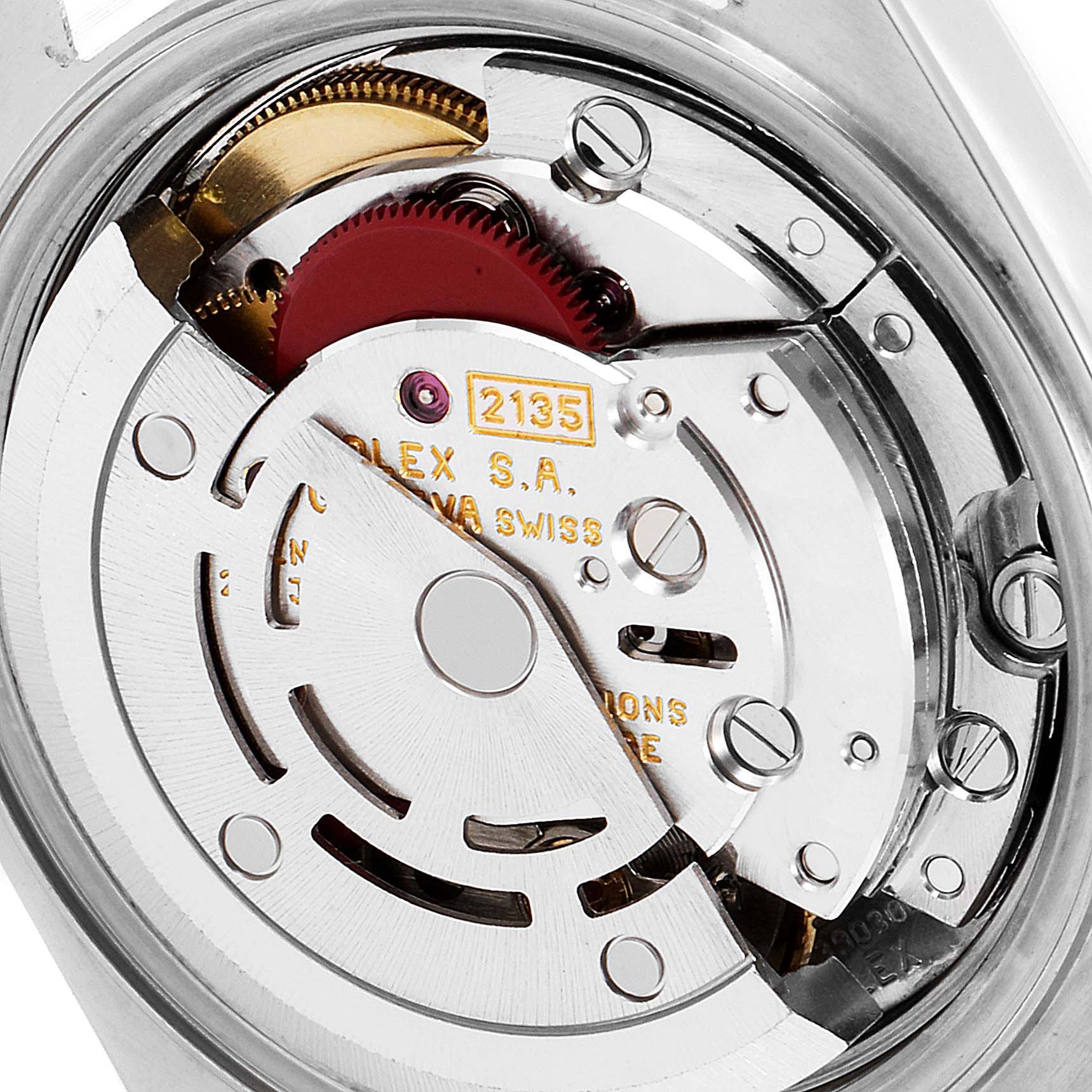 The image shows the intricate internal mechanism of a Rolex Datejust 69173 Women's Steel and Gold (two tone) Champagne Dial 69173 Women's Steel and Gold (two tone) Champagne Dial watch, viewed from the back.