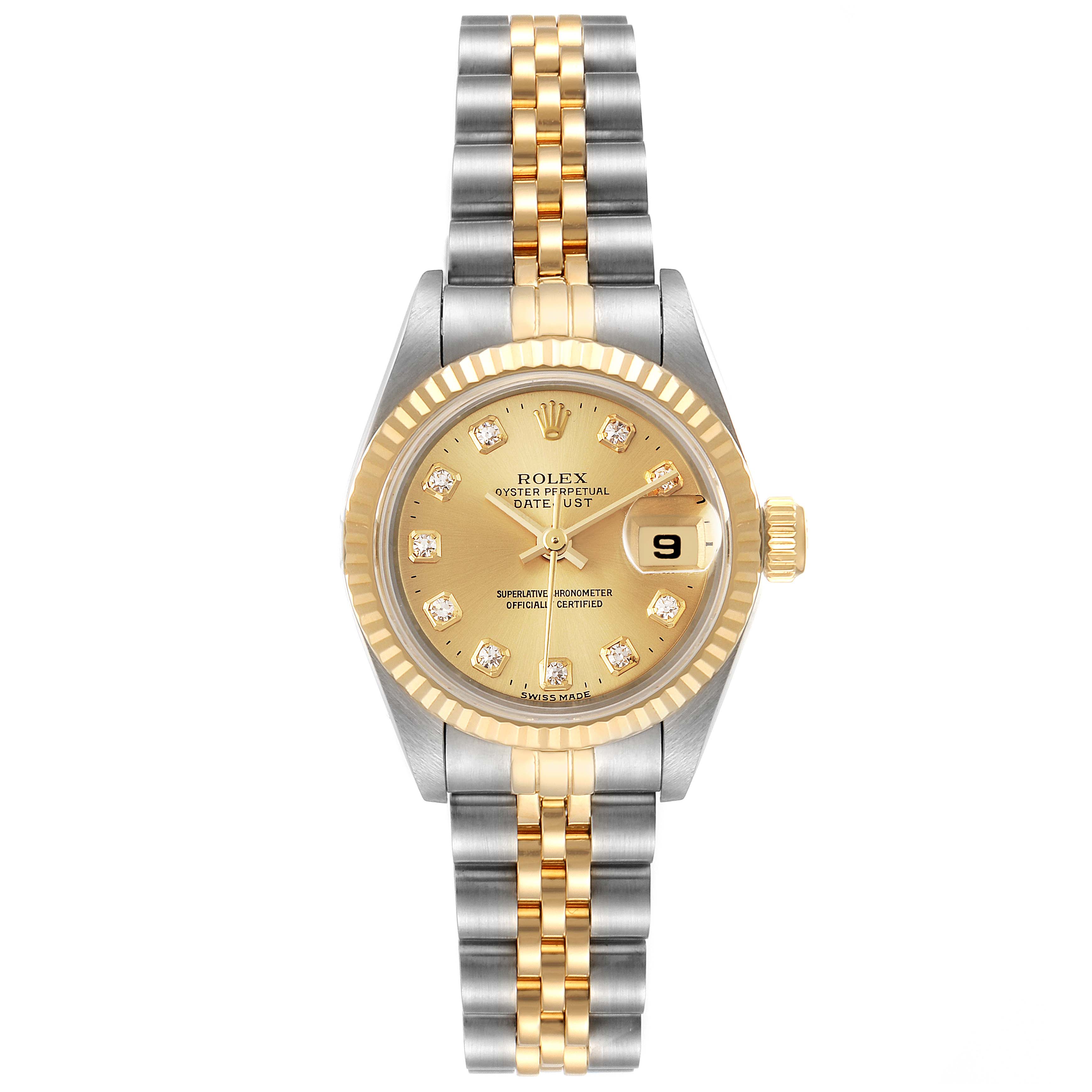 The Rolex Datejust 69173 Women's Steel and Gold (two tone) Champagne Dial 69173 Women's Steel and Gold (two tone) Champagne Dial watch is shown from a top-down angle revealing the face, bezel, bracelet, and crown.