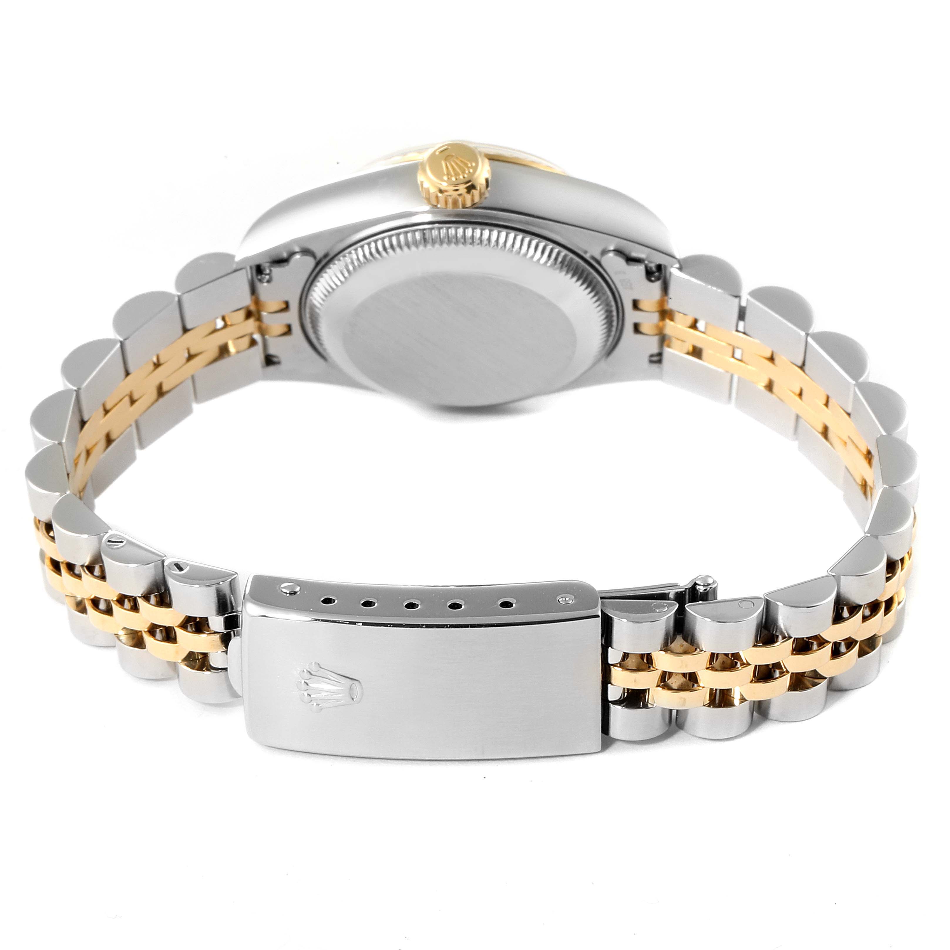 The image shows the Rolex Datejust 69173 Women's Steel and Gold (two tone) Champagne Dial 69173 Women's Steel and Gold (two tone) Champagne Dial watch from the back, highlighting the case back, crown, and two-tone bracelet with a clasp.