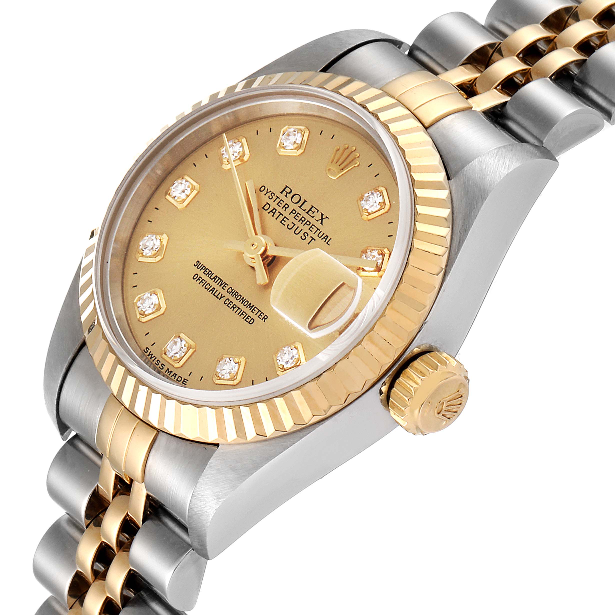 The image shows a Rolex Datejust 69173 Women's Steel and Gold (two tone) Champagne Dial 69173 Women's Steel and Gold (two tone) Champagne Dial watch at a slight angle, highlighting its bezel, dial, crown, and bracelet.