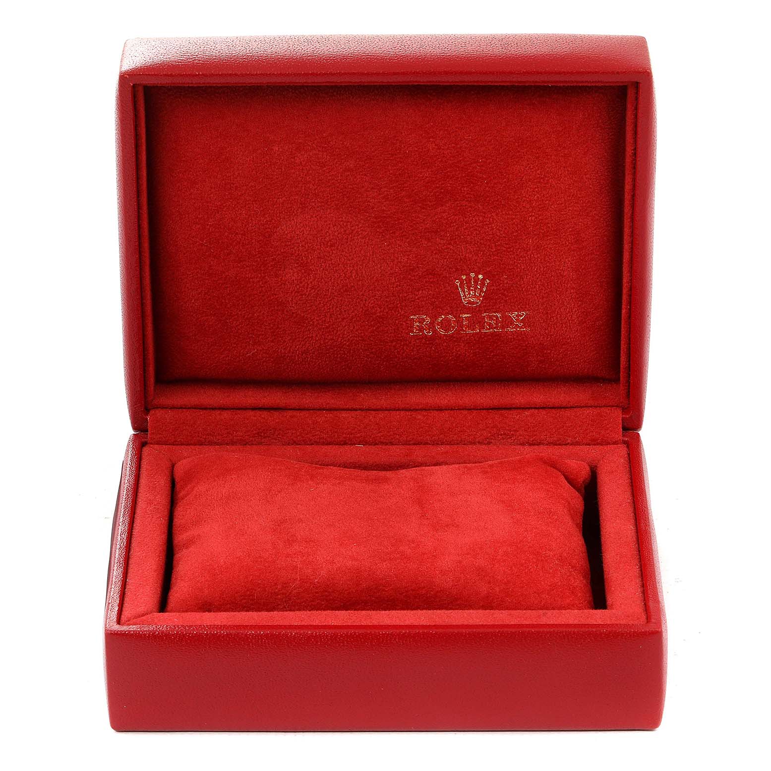 The image shows an open red Rolex watch box for a Datejust model, with the Rolex logo inside the lid.