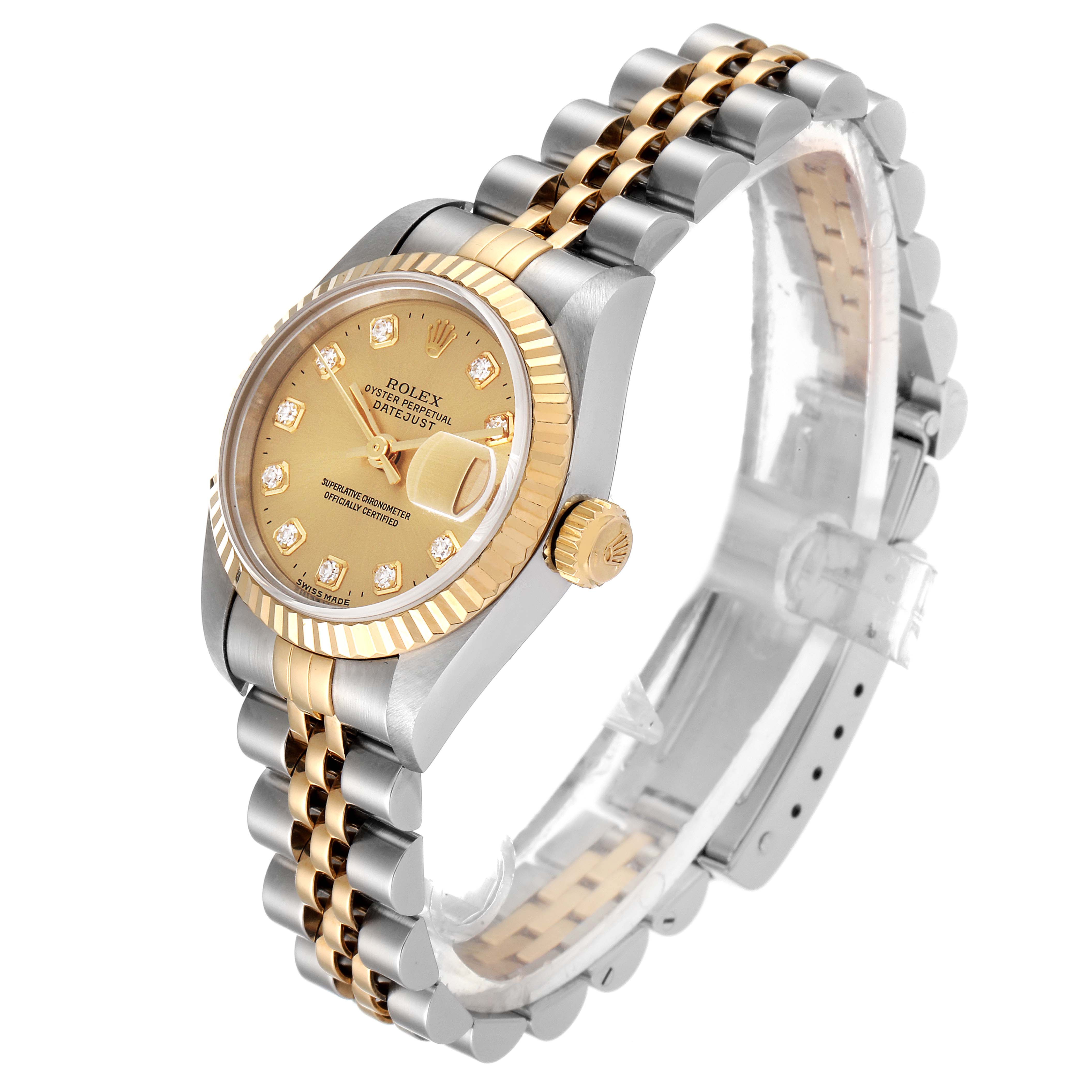 This is a Rolex Datejust 69173 Women's Steel and Gold (two tone) Champagne Dial 69173 Women's Steel and Gold (two tone) Champagne Dial watch at a slight angle, showing the face, bracelet, bezel, and crown.