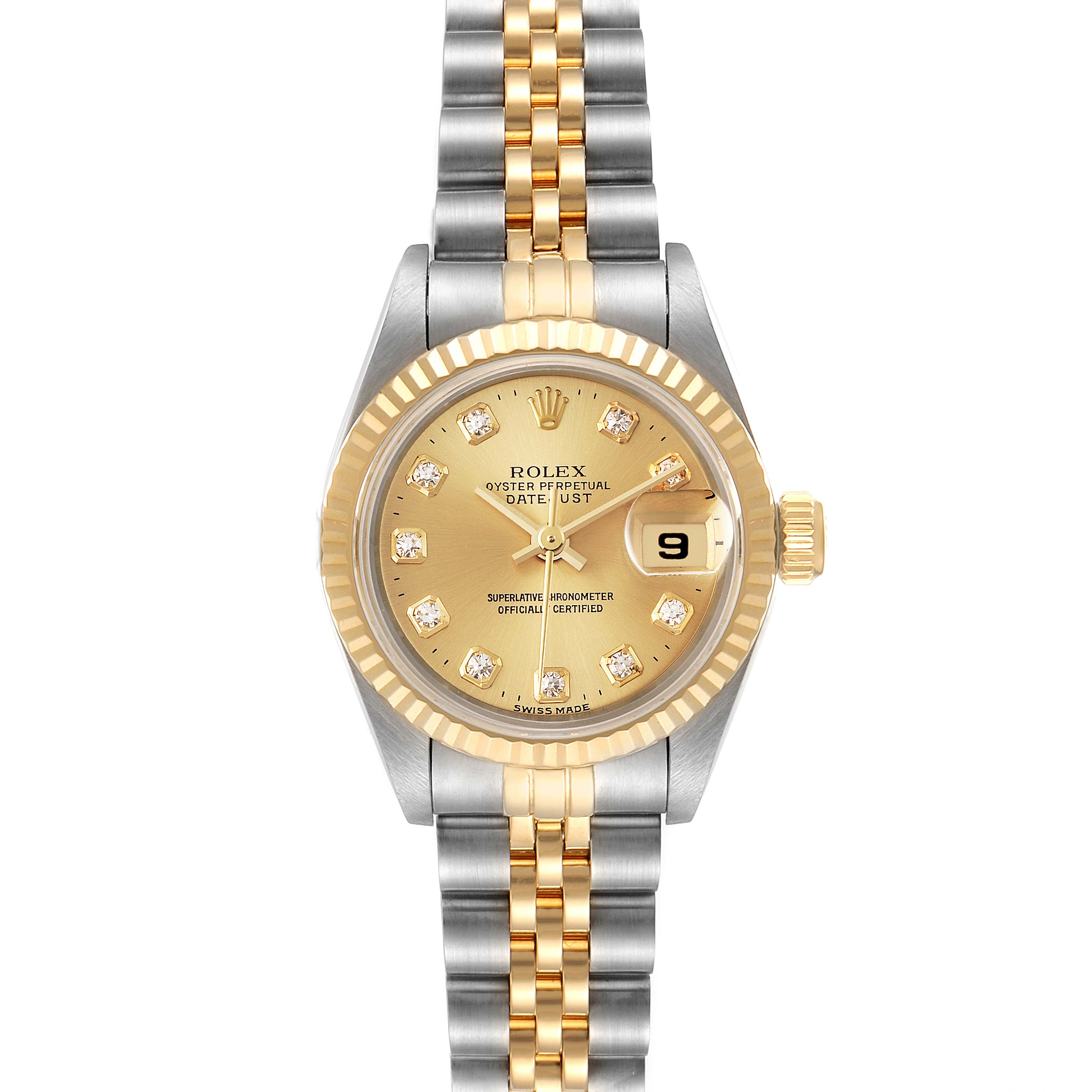 This Rolex Datejust 69173 Women's Steel and Gold (two tone) Champagne Dial 69173 Women's Steel and Gold (two tone) Champagne Dial watch is shown from a front angle, highlighting its gold dial, diamond hour markers, and two-tone bracelet.