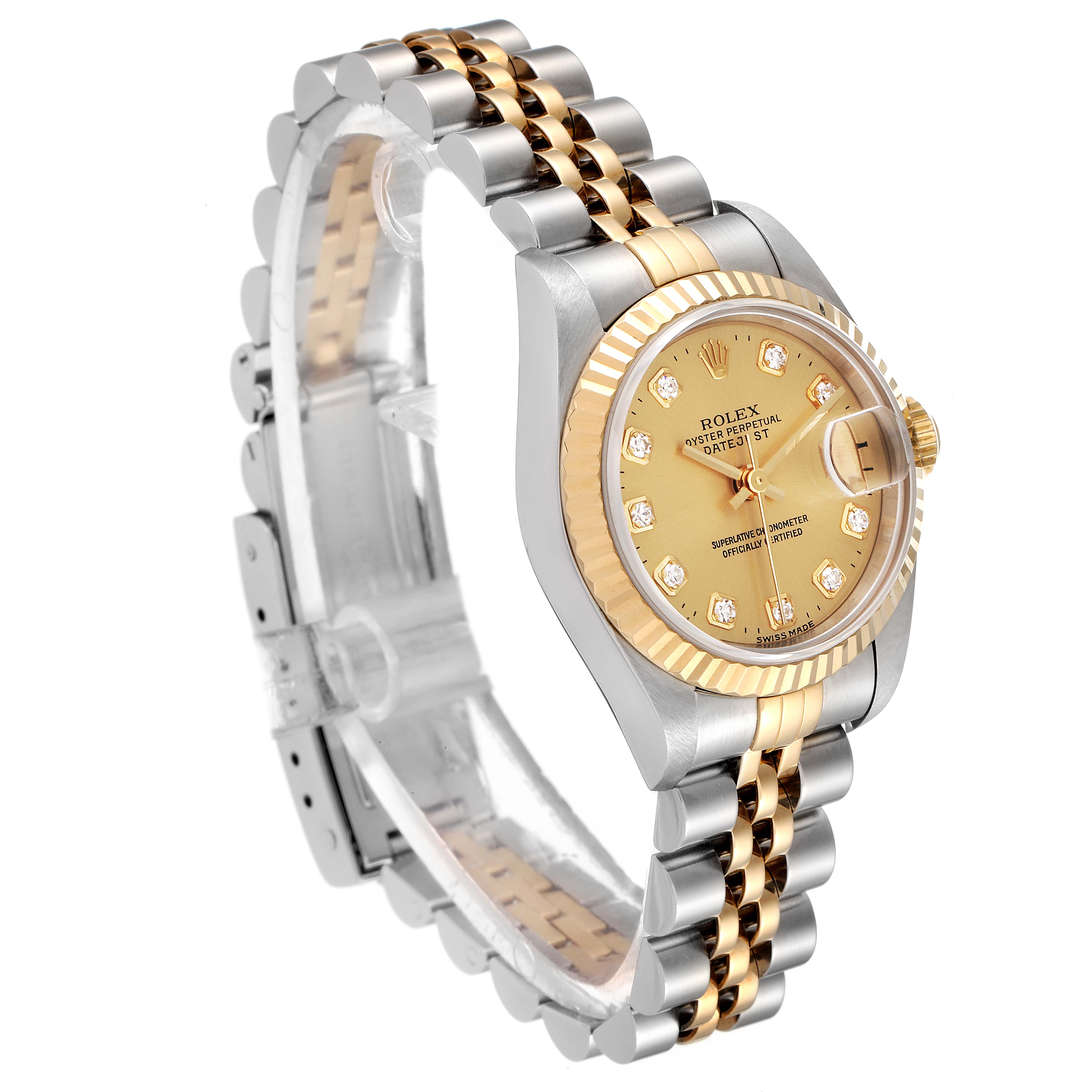 The Rolex Datejust 69173 Women's Steel and Gold (two tone) Champagne Dial 69173 Women's Steel and Gold (two tone) Champagne Dial model watch is shown at an angled side view, highlighting its gold and silver bracelet, and diamond-accented dial.