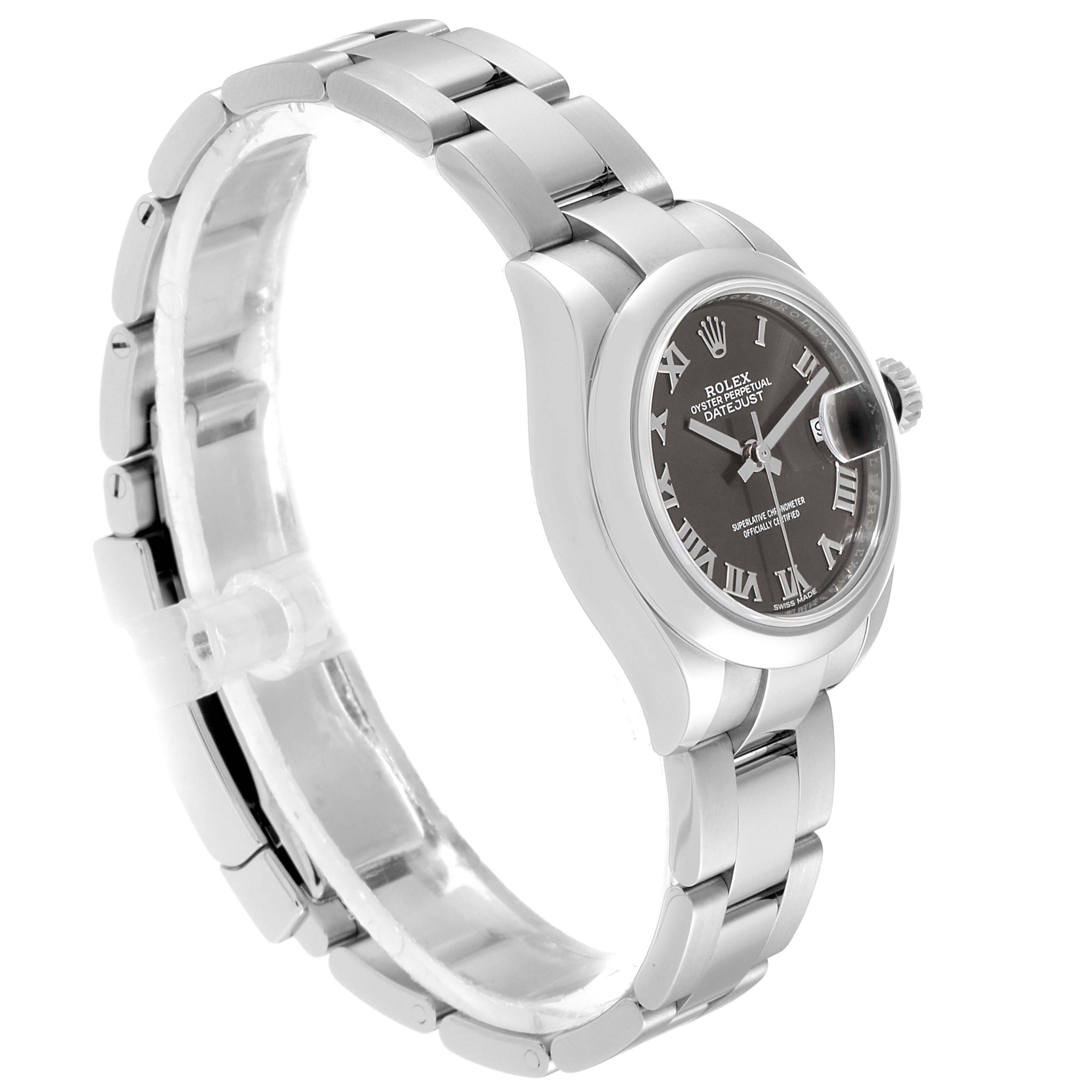The image shows a side-angle view of a Rolex Datejust 279160 Women's Stainless Steel Grey Dial 279160 Women's Stainless Steel Grey Dial watch displaying its bezel, dial, bracelet, and crown.