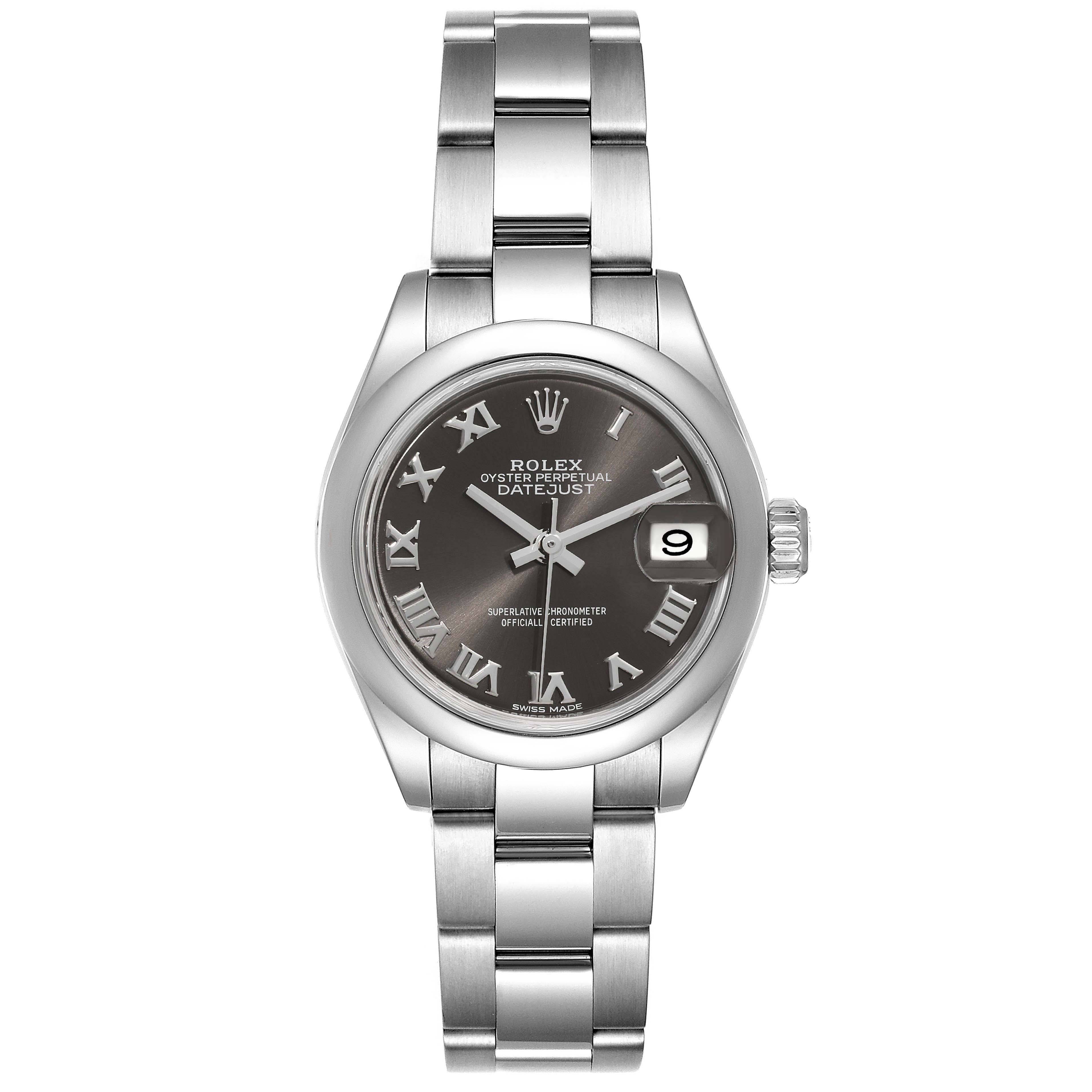 The image shows a Rolex Datejust 279160 Women's Stainless Steel Grey Dial 279160 Women's Stainless Steel Grey Dial watch from a front angle, highlighting the dial, bracelet, and date function.