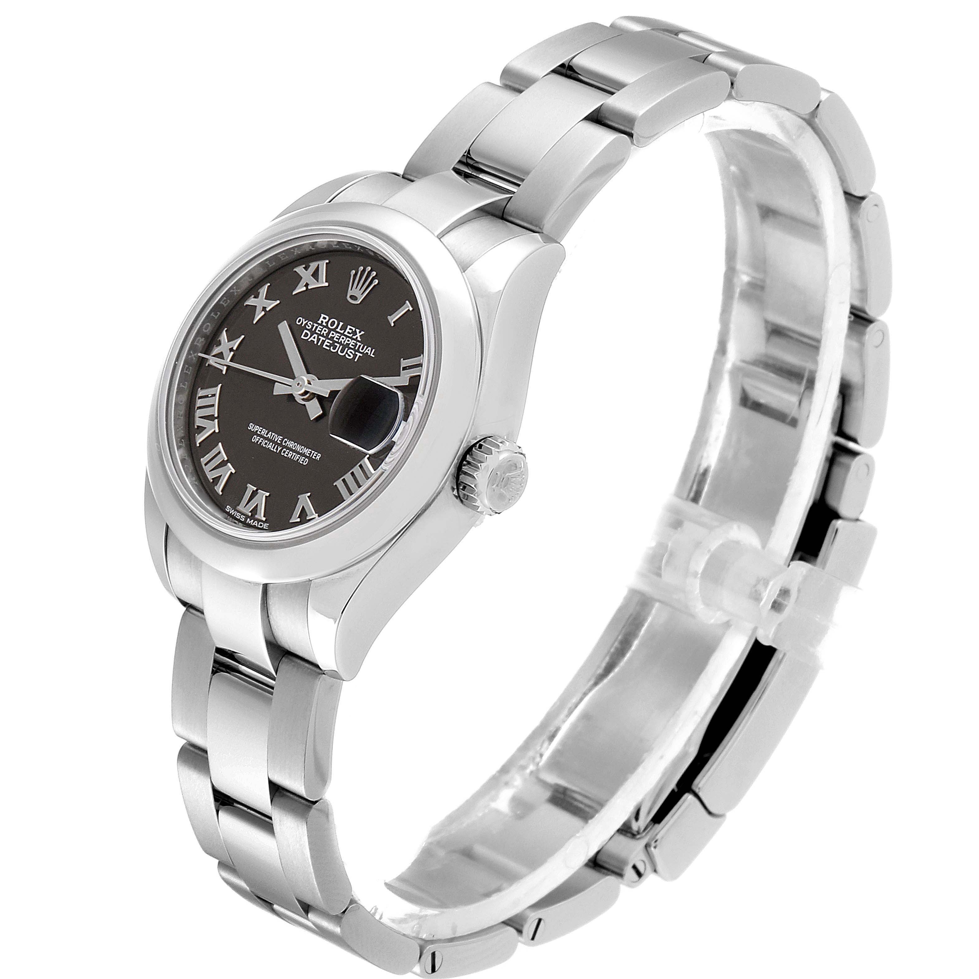 The Rolex Datejust 279160 Women's Stainless Steel Grey Dial 279160 Women's Stainless Steel Grey Dial watch is shown at a slight angle, displaying its face, bezel, crown, and part of its bracelet.