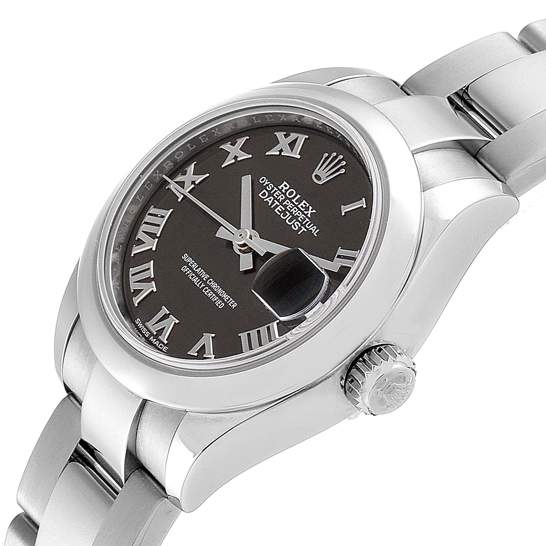 The image shows a close-up side angle of the Rolex Datejust 279160 Women's Stainless Steel Grey Dial 279160 Women's Stainless Steel Grey Dial, highlighting the face, bezel, bracelet, and crown.