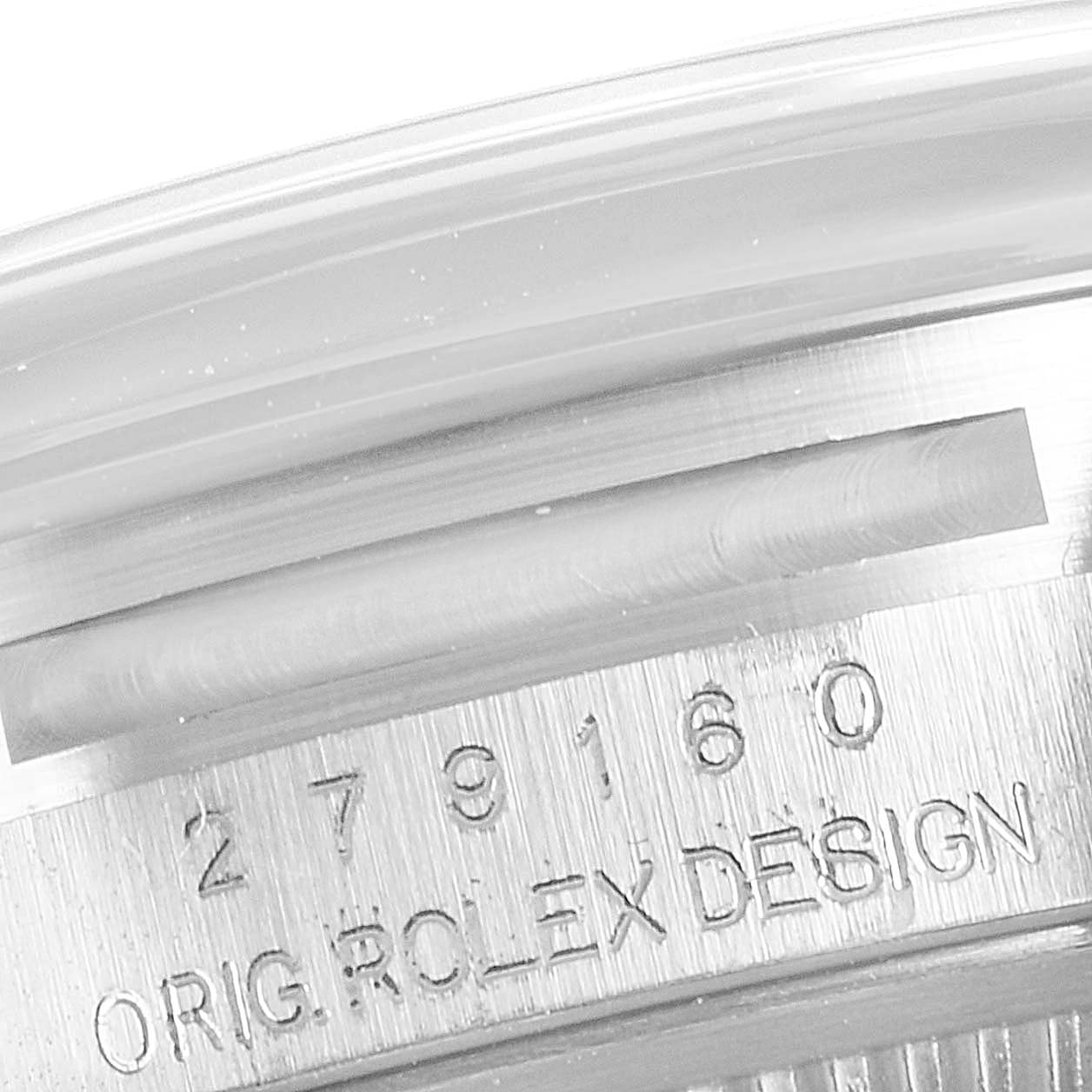 The image shows a close-up of the model and origin inscription on the case of a Rolex Datejust 279160 Women's Stainless Steel Grey Dial 279160 Women's Stainless Steel Grey Dial watch.