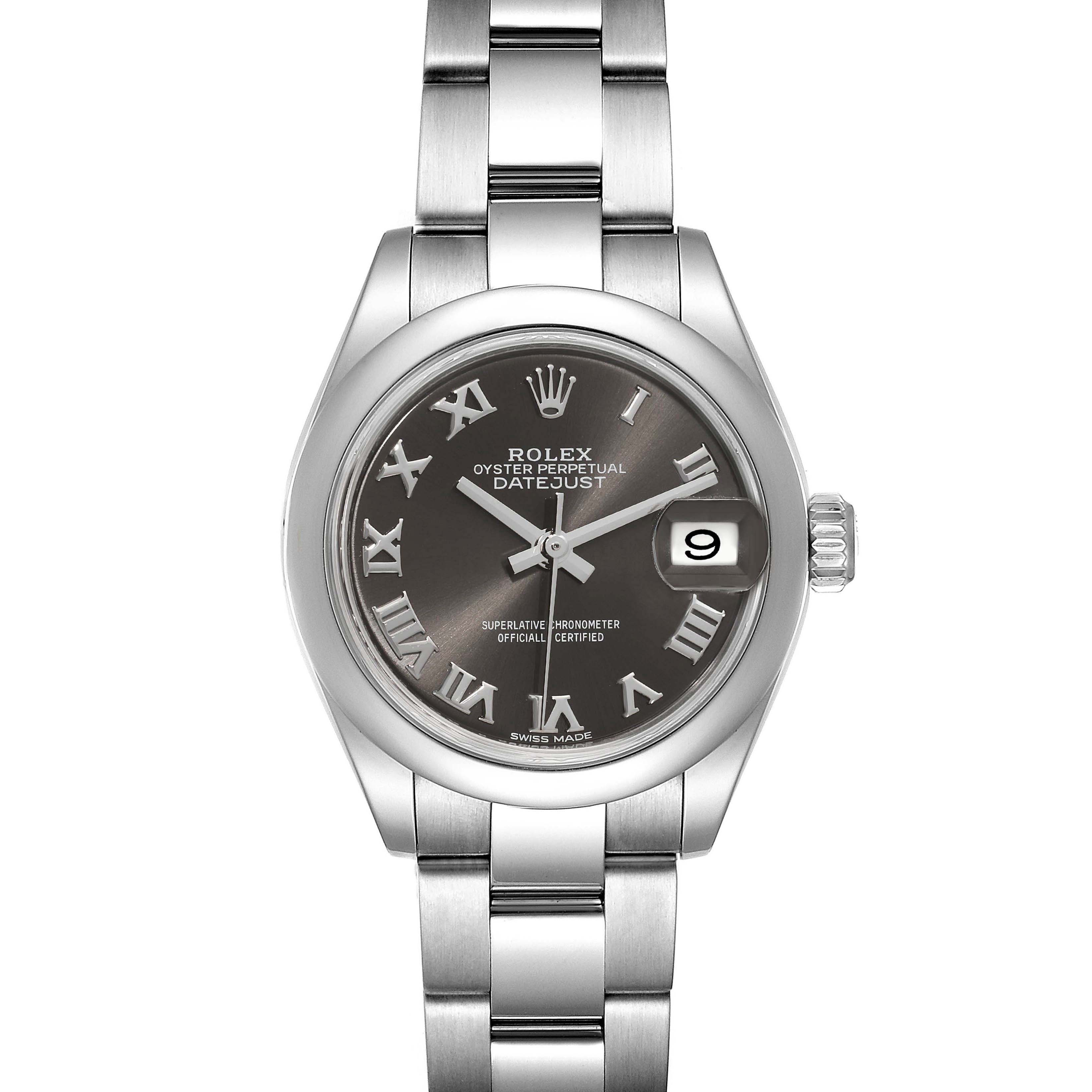 The image shows a front view of a Rolex Datejust 279160 Women's Stainless Steel Grey Dial 279160 Women's Stainless Steel Grey Dial watch, highlighting its face, bezel, crown, and bracelet.