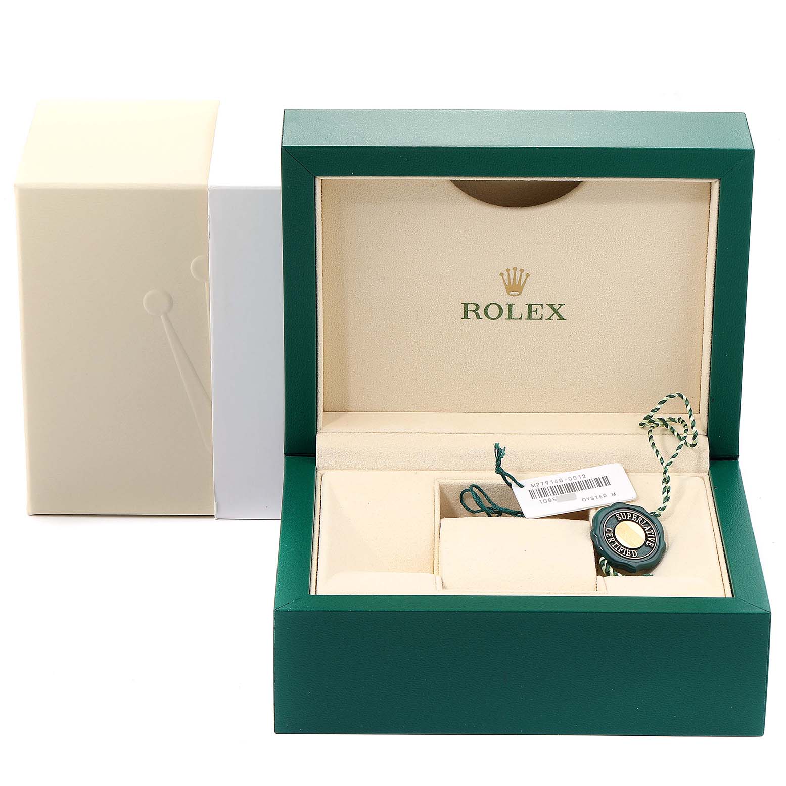 This image shows an open Rolex Datejust 279160 Women's Stainless Steel Grey Dial 279160 Women's Stainless Steel Grey Dial watch box with the tag and accessories inside.