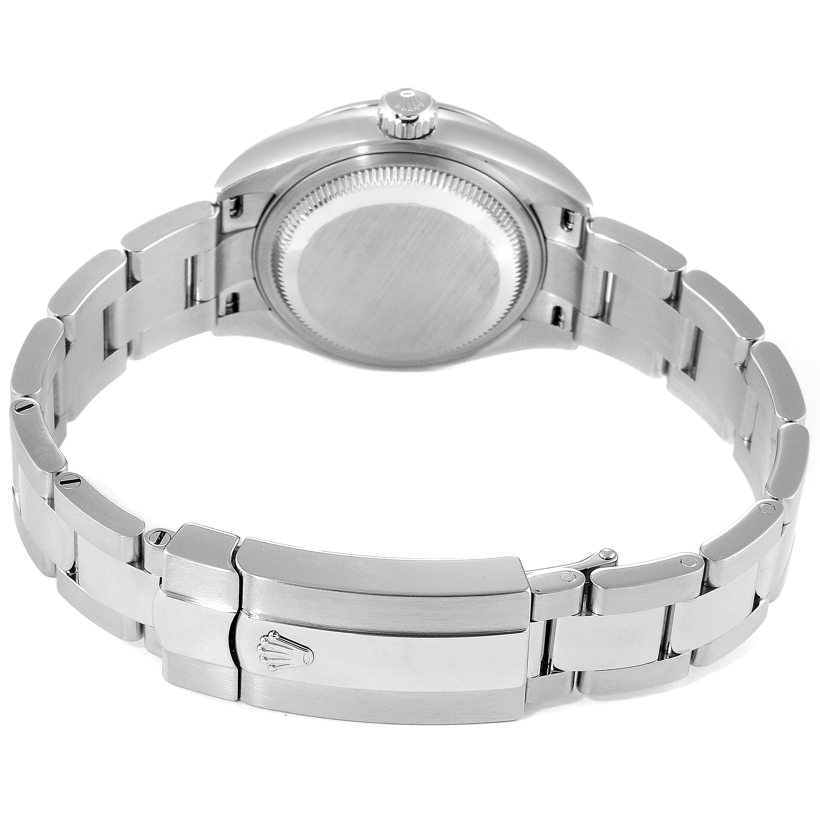 The image shows the back view of a Rolex Datejust 279160 Women's Stainless Steel Grey Dial 279160 Women's Stainless Steel Grey Dial watch, highlighting the case back and the clasp on the bracelet.