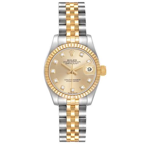 The Rolex Datejust 279173 Women's Steel and Gold (two tone) Champagne Dial watch is shown from the front, displaying its dial, bezel, crown, and jubilee bracelet.