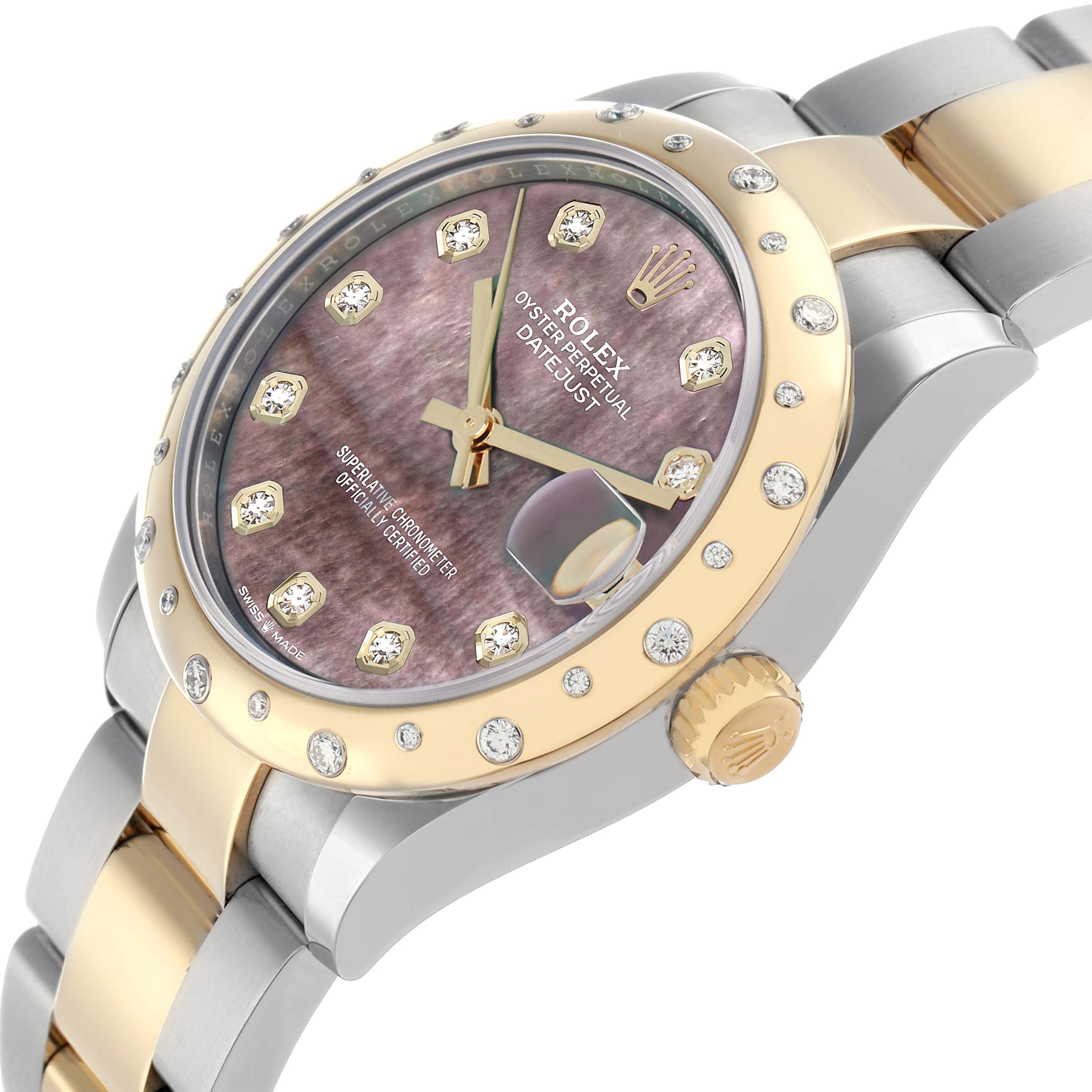 The Rolex Datejust 278343 Women's Steel and Gold (two tone) Mother of Pearl Dial watch is shown at a side angle, highlighting the bezel, dial, bracelet, and crown.