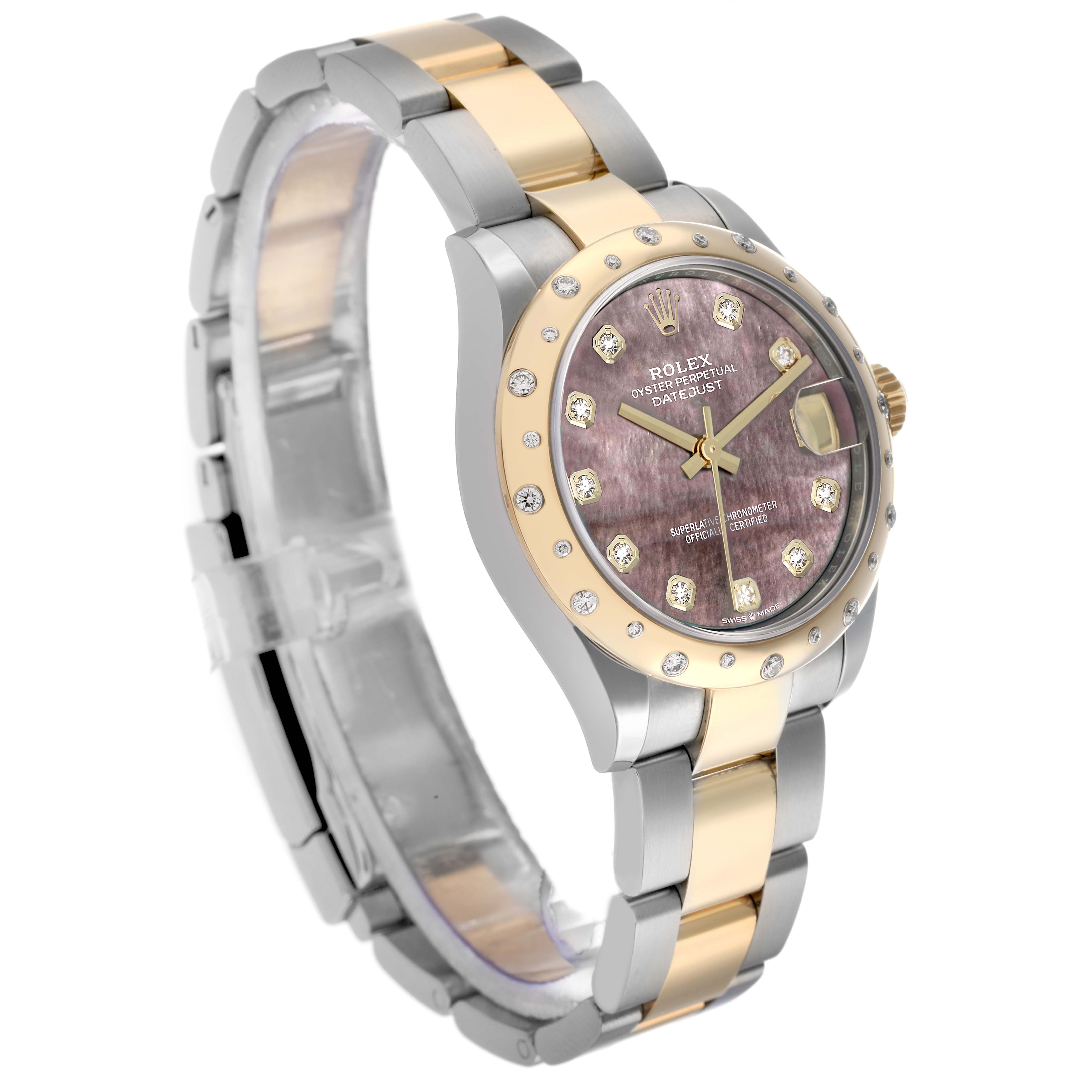 The Rolex Datejust 278343 Women's Steel and Gold (two tone) Mother of Pearl Dial watch is shown at a slight angle, highlighting the two-tone bracelet and diamond-accented pink dial.