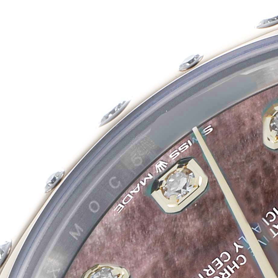 The image shows a close-up of a Rolex Datejust 278343 Women's Steel and Gold (two tone) Mother of Pearl Dial dial, highlighting diamond hour markers and part of the bezel.