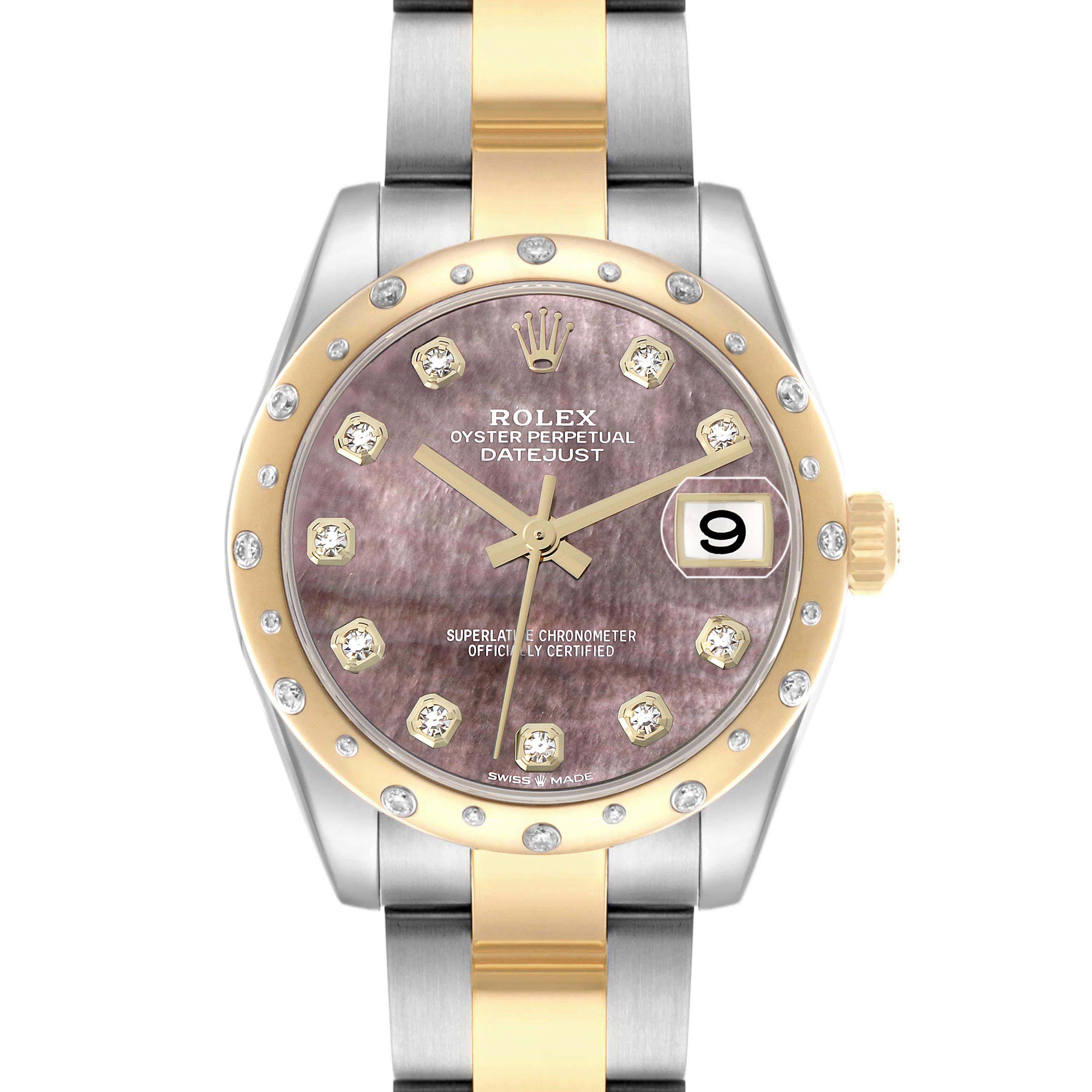 The Rolex Datejust 278343 Women's Steel and Gold (two tone) Mother of Pearl Dial watch is shown from the front, featuring a gold and silver bracelet, diamond hour markers, and a date indicator.