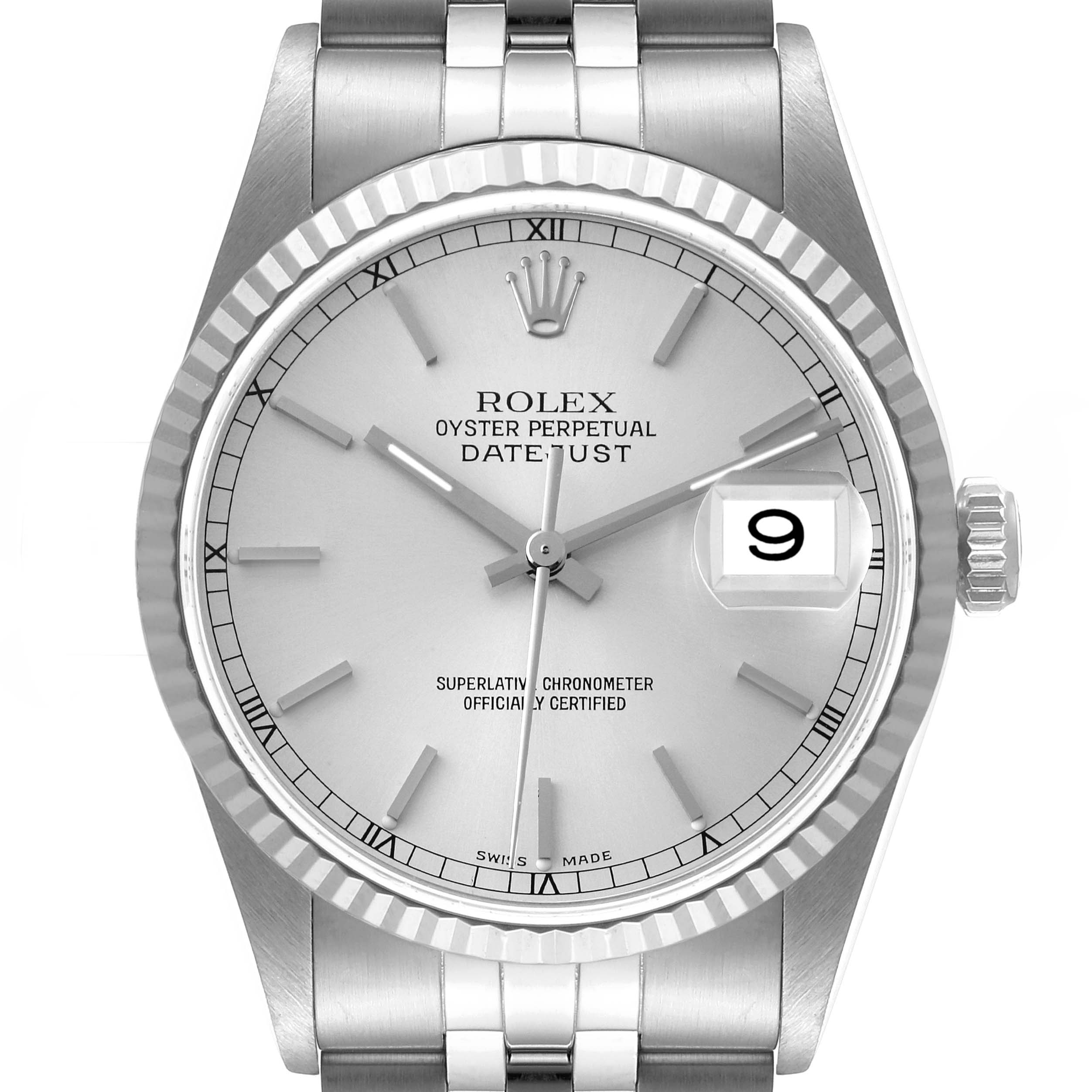 The image shows a frontal view of the Rolex Datejust 16234 Men's Stainless Steel Silver Dial 16234 Men's Stainless Steel Silver Dial watch, highlighting the dial, hands, bezel, and part of the bracelet.