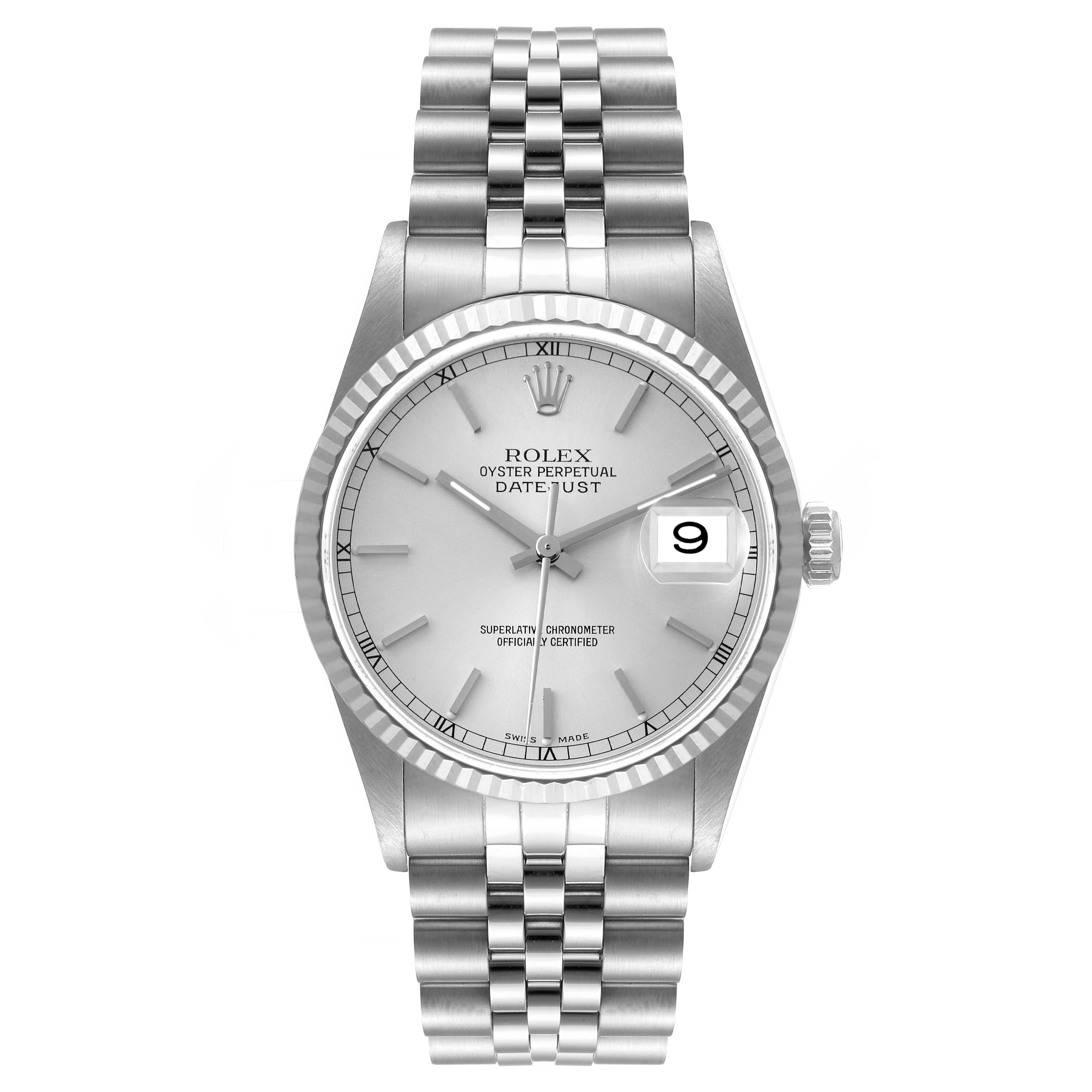 The image shows a front view of a Rolex Datejust 16234 Men's Stainless Steel Silver Dial 16234 Men's Stainless Steel Silver Dial watch, highlighting its face, bezel, and bracelet.