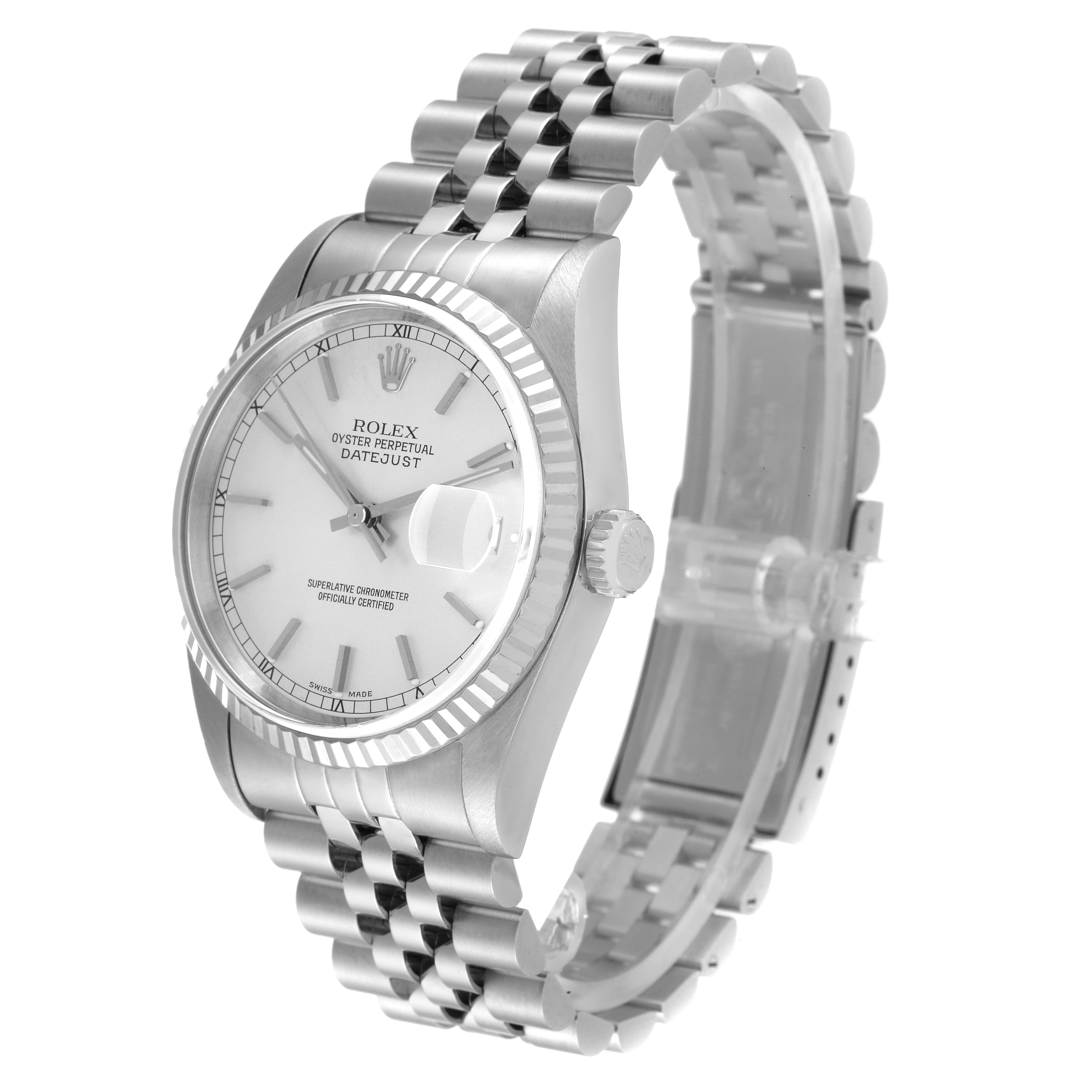 The image shows the Rolex Datejust 16234 Men's Stainless Steel Silver Dial 16234 Men's Stainless Steel Silver Dial watch at a three-quarter angle, highlighting the dial, bezel, and bracelet.