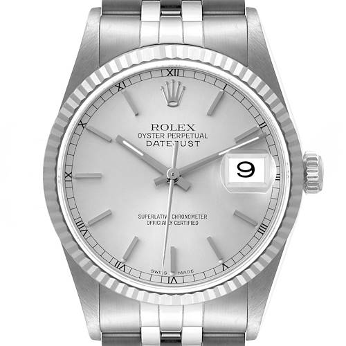 This image shows a front view of the Rolex Datejust watch displaying the dial, bezel, case, crown, and part of the bracelet.