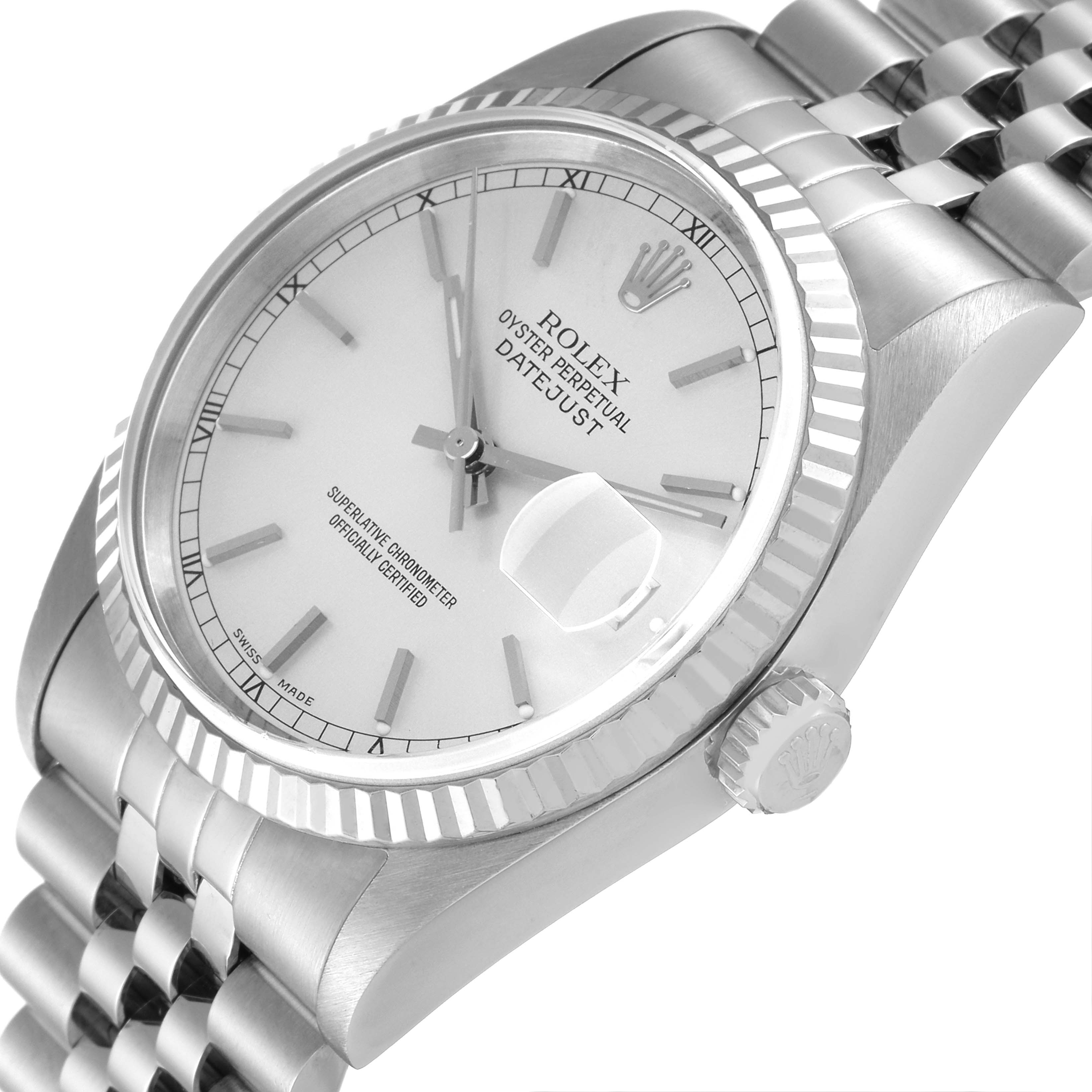 The image shows the Rolex Datejust 16234 Men's Stainless Steel Silver Dial 16234 Men's Stainless Steel Silver Dial model watch at an angled view, highlighting the dial, bezel, crown, and part of the bracelet.