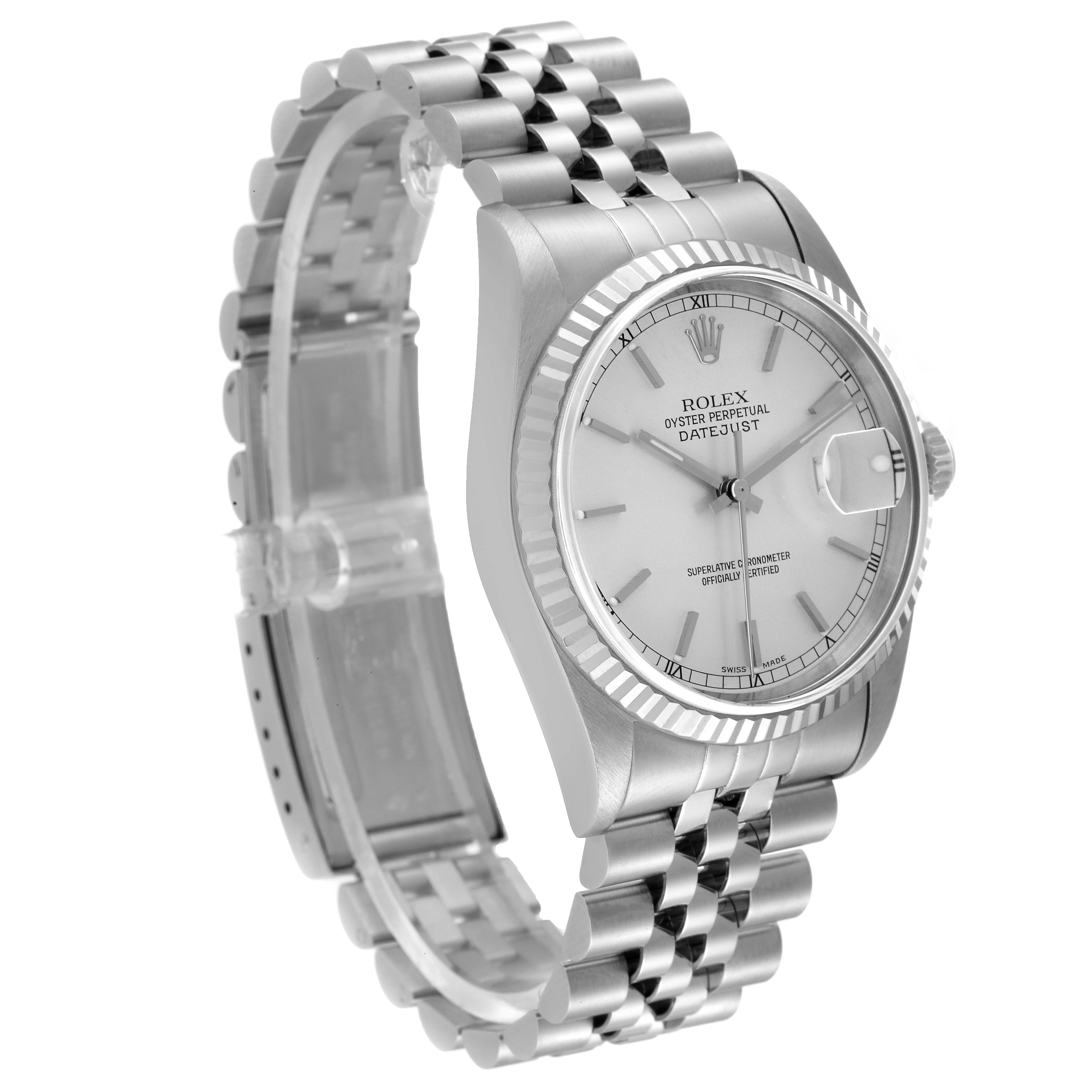 This Rolex Datejust 16234 Men's Stainless Steel Silver Dial 16234 Men's Stainless Steel Silver Dial watch is shown at a three-quarter angle, highlighting the dial, bezel, crown, and bracelet.
