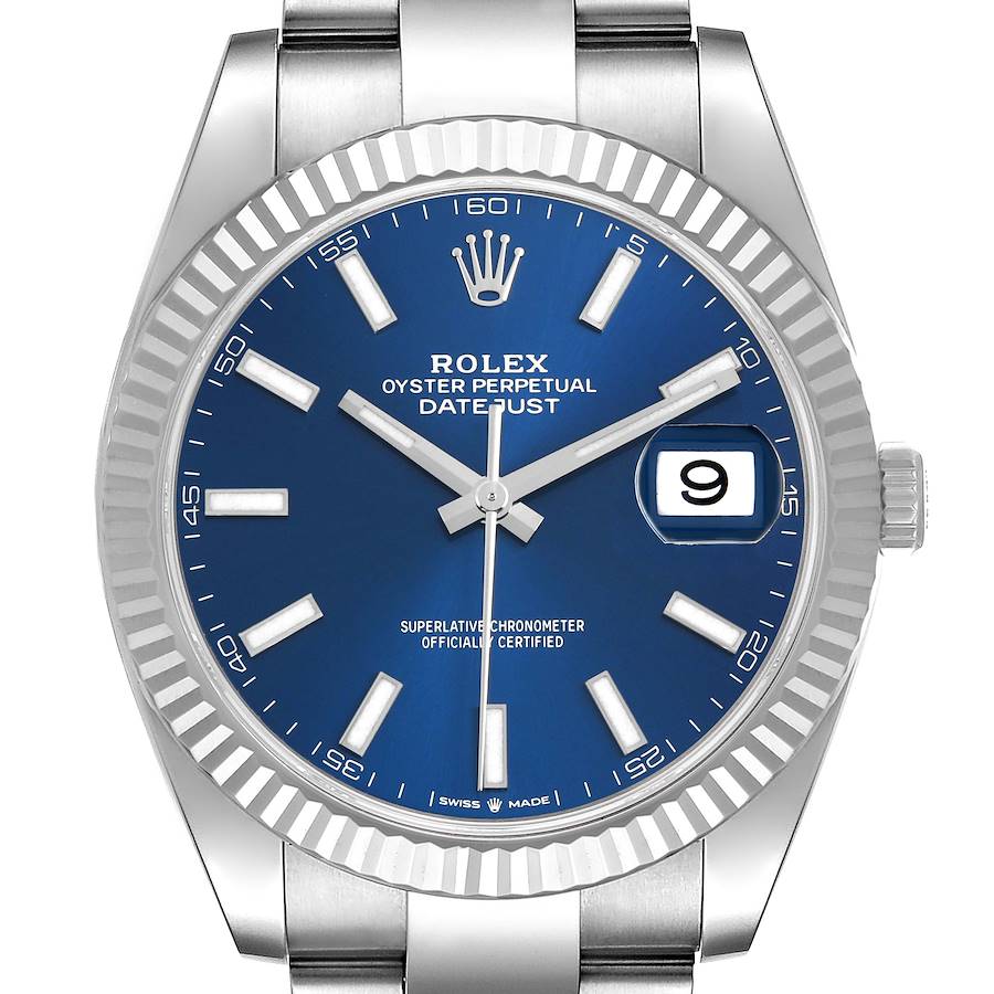 The Rolex Datejust 41 126334 Men's Stainless Steel Blue Dial is shown from a front angle, highlighting the blue dial, fluted bezel, and stainless steel bracelet.