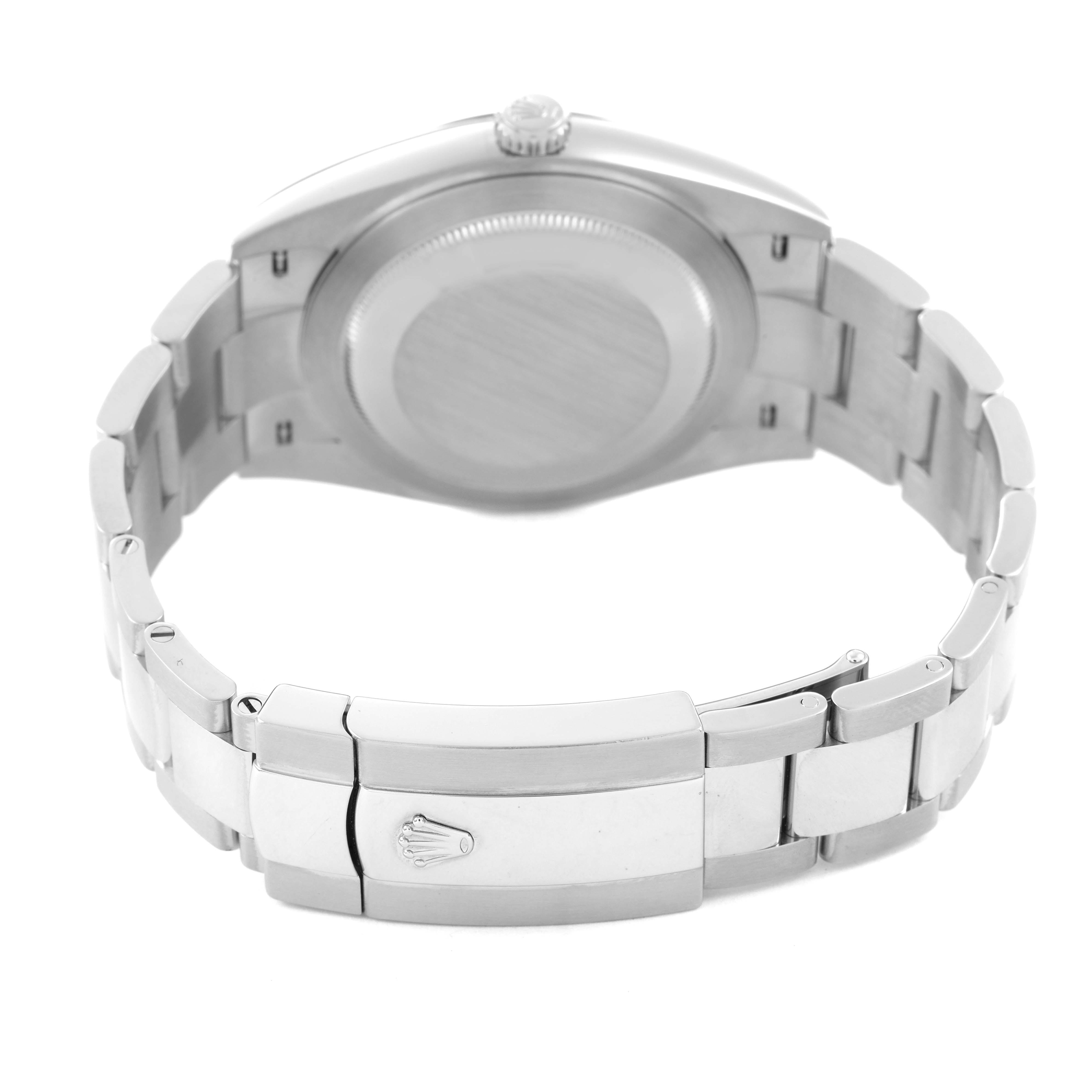 The image shows the back view of the Rolex Datejust 41 126334 Men's Stainless Steel Blue Dial, highlighting the bracelet and clasp.
