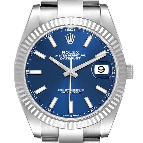 The Rolex Datejust 41 126334 Men's Stainless Steel Blue Dial watch is shown from the front, displaying its blue dial, fluted bezel, and date window.