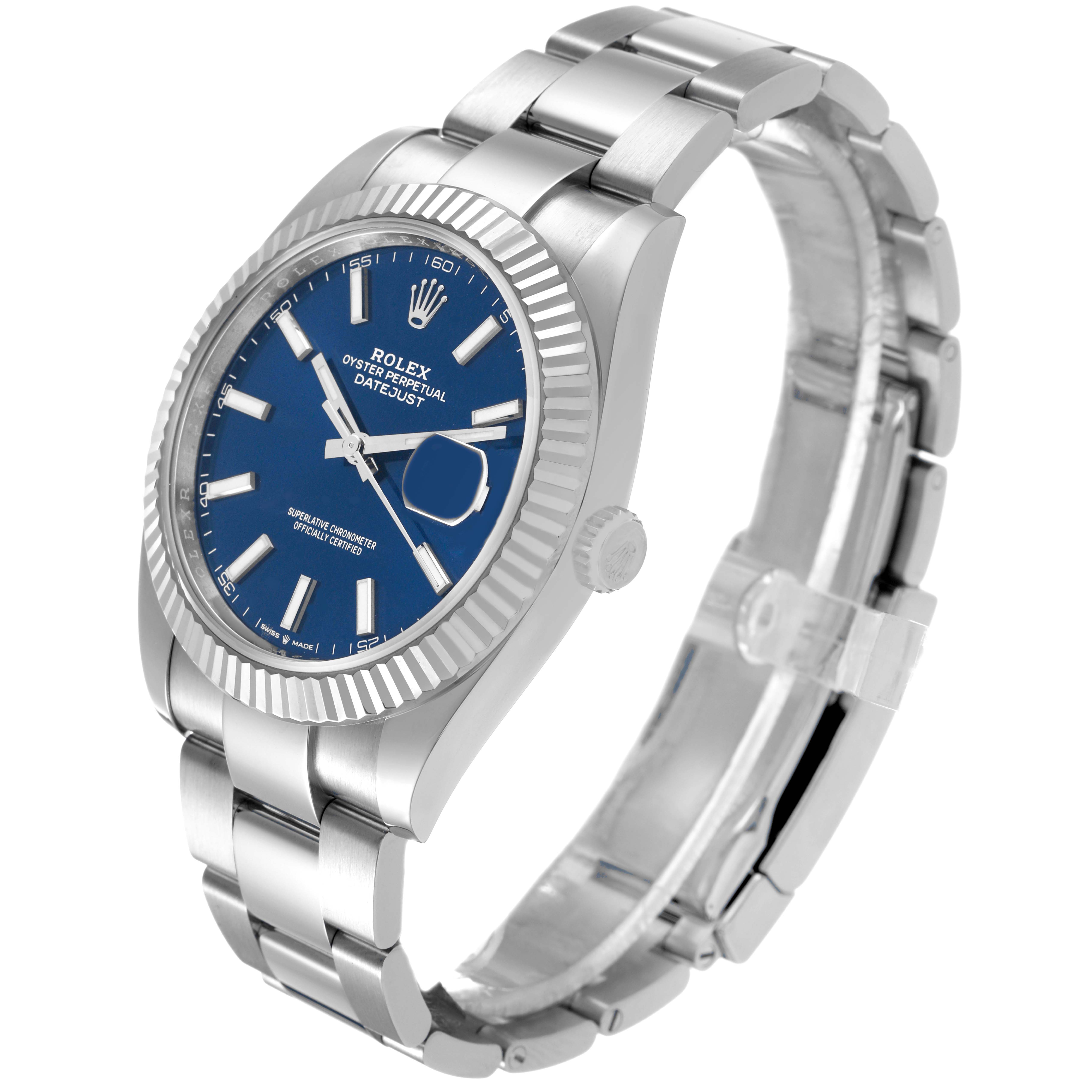 The Rolex Datejust 41 126334 Men's Stainless Steel Blue Dial is shown at a three-quarter angle, highlighting its blue dial, fluted bezel, and oyster bracelet.