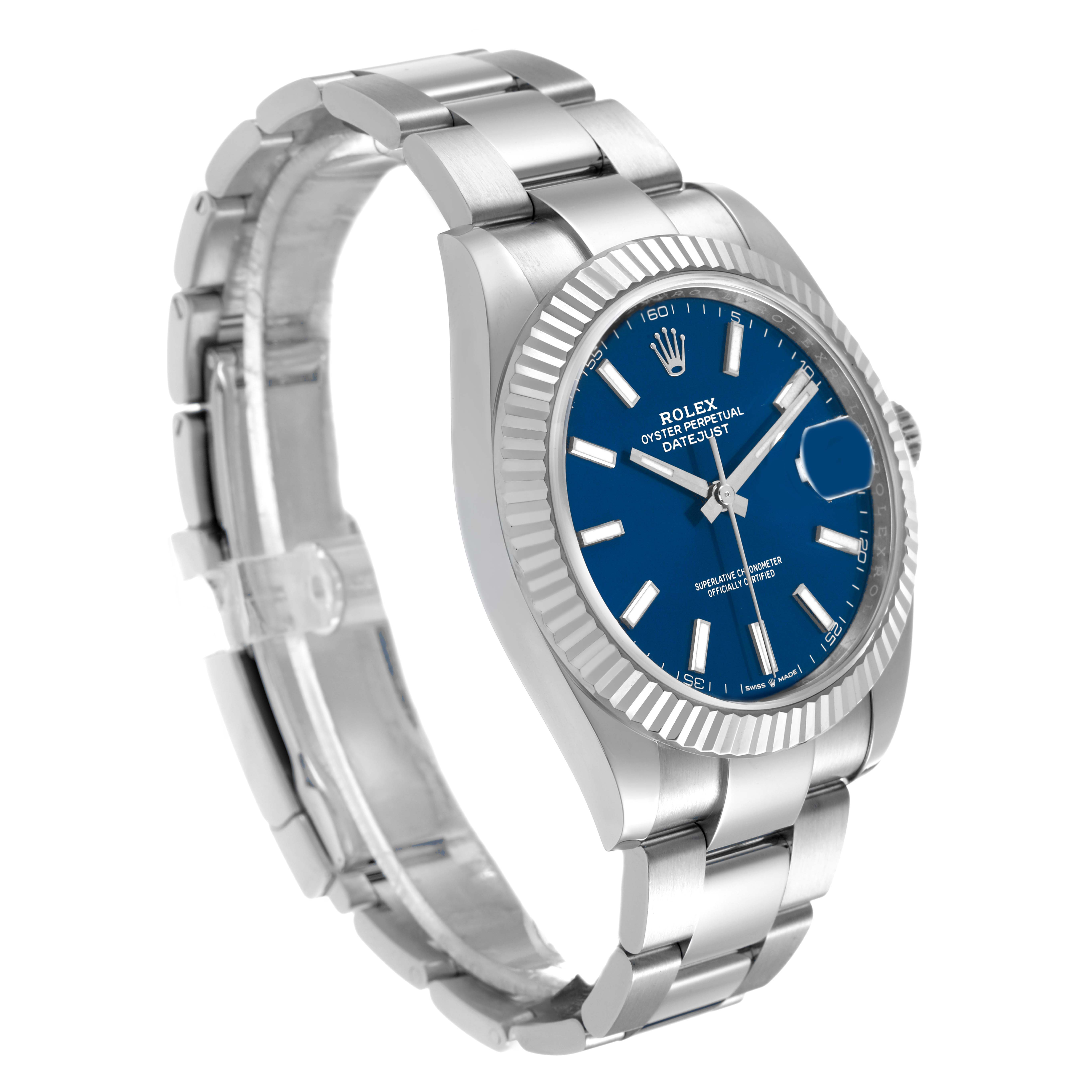 The Rolex Datejust 41 126334 Men's Stainless Steel Blue Dial is shown at a three-quarter angle, displaying the blue dial, fluted bezel, and oyster bracelet.