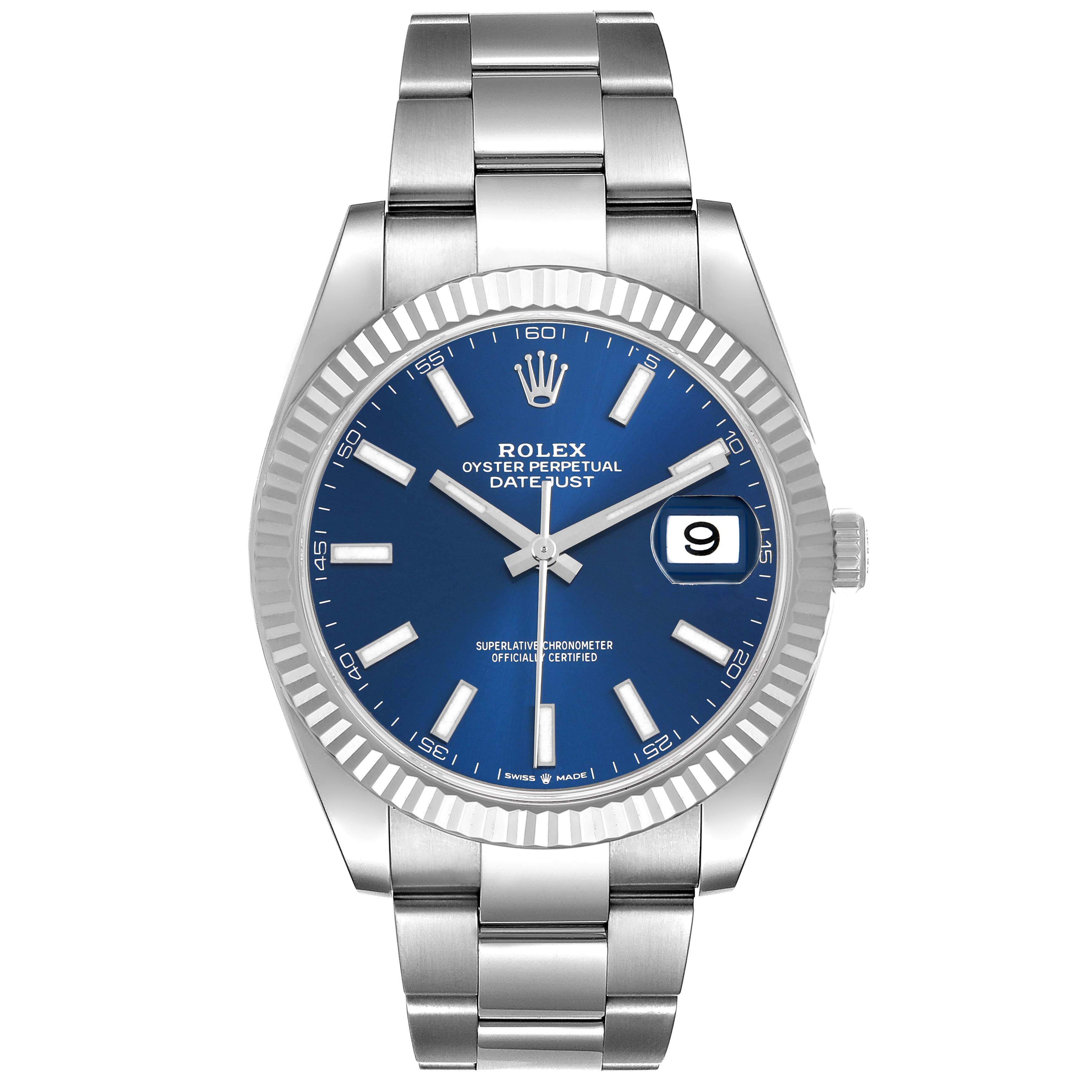 The Rolex Datejust 41 126334 Men's Stainless Steel Blue Dial watch is shown from the front, displaying the blue dial, fluted bezel, and stainless steel bracelet.