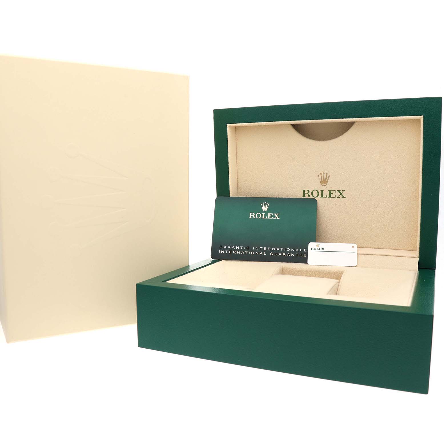 The image shows a Rolex Datejust 41 126334 Men's Stainless Steel Blue Dial box, guarantee card, and outer packaging at an angled view.