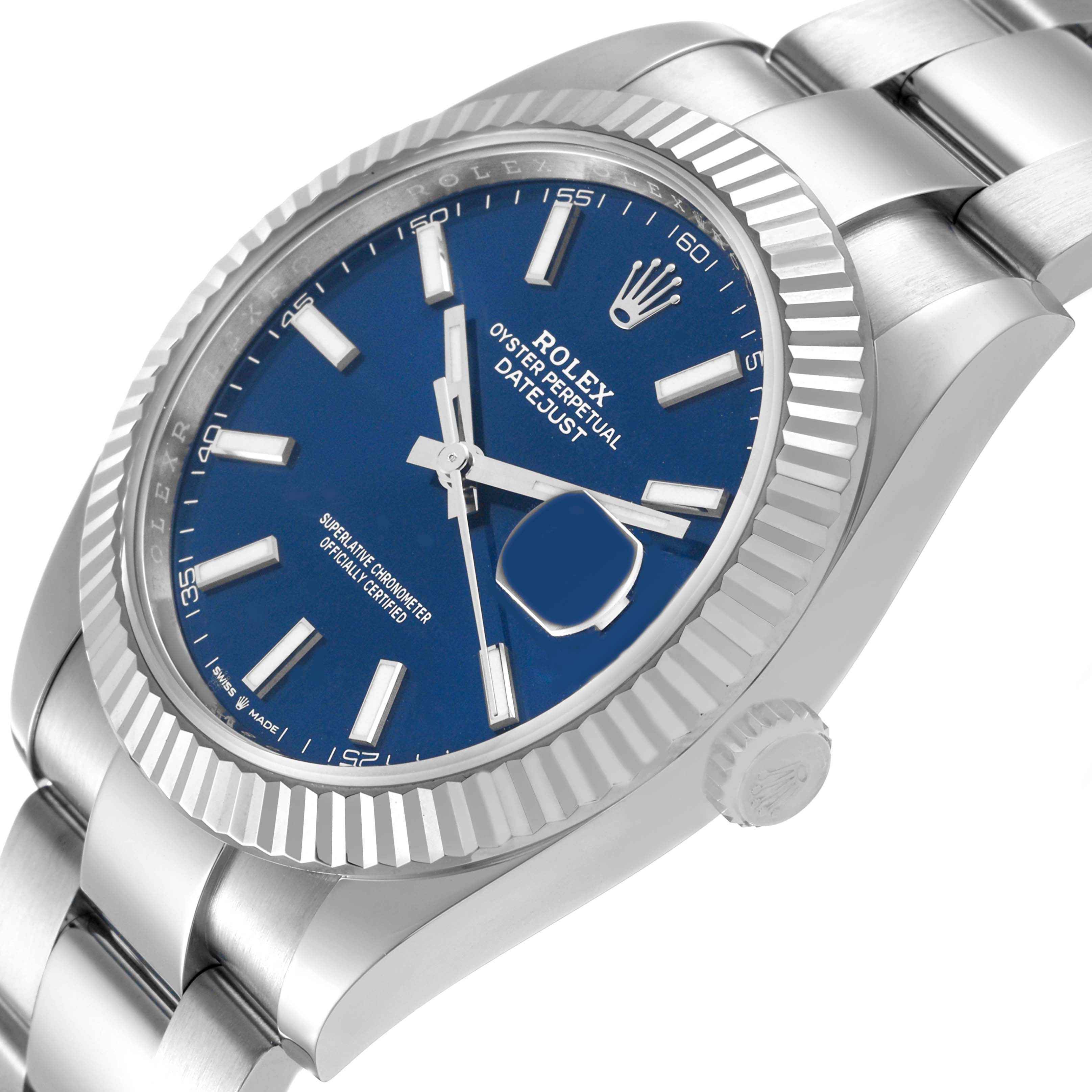 The Rolex Datejust 41 126334 Men's Stainless Steel Blue Dial watch is shown at a slight angle, highlighting the blue dial, fluted bezel, and part of the bracelet.