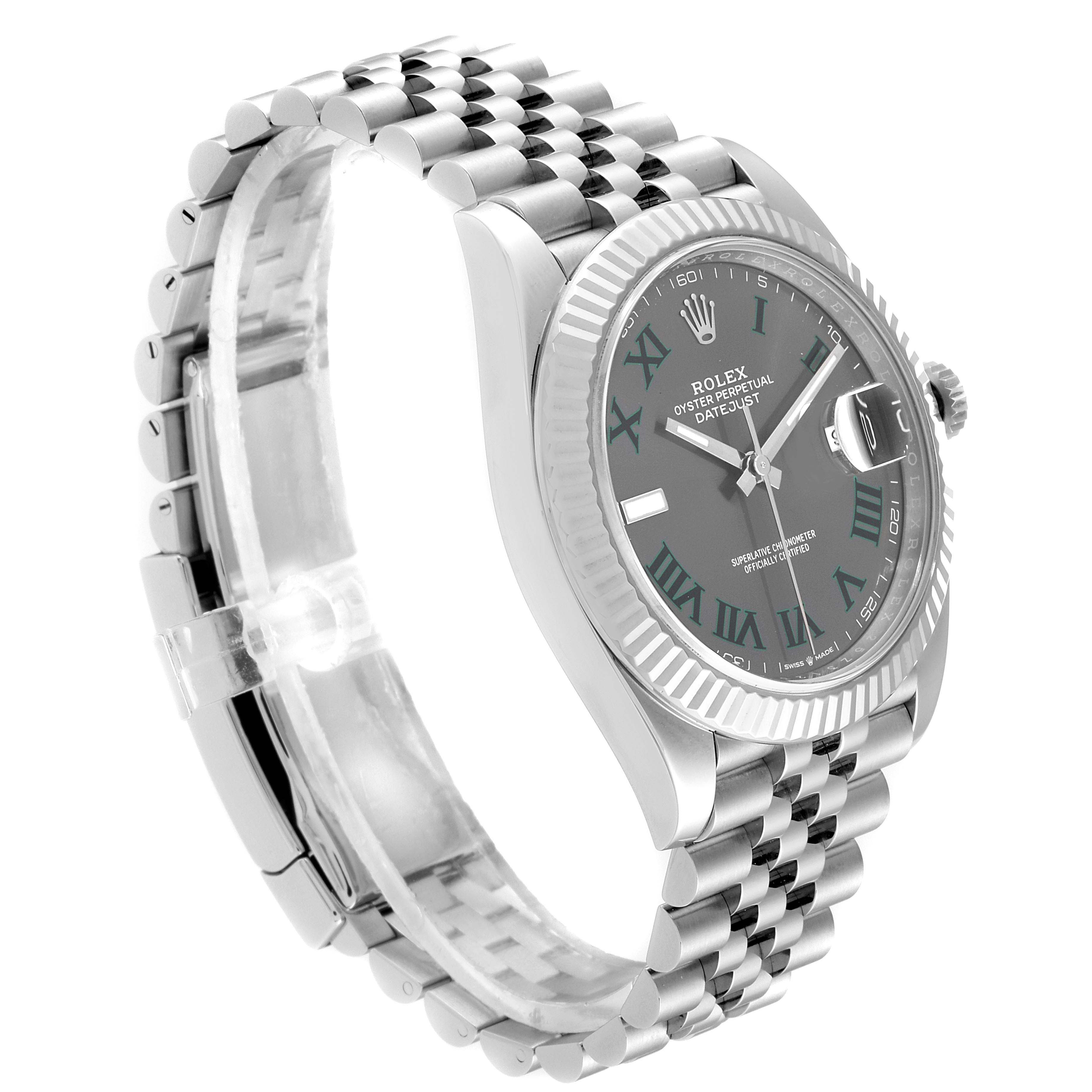 This image shows a Rolex Datejust 41 126334 Men's Stainless Steel Grey Dial 126334 Men's Stainless Steel Grey Dial watch at an angled side view, highlighting the grey dial, fluted bezel, and Jubillee bracelet.