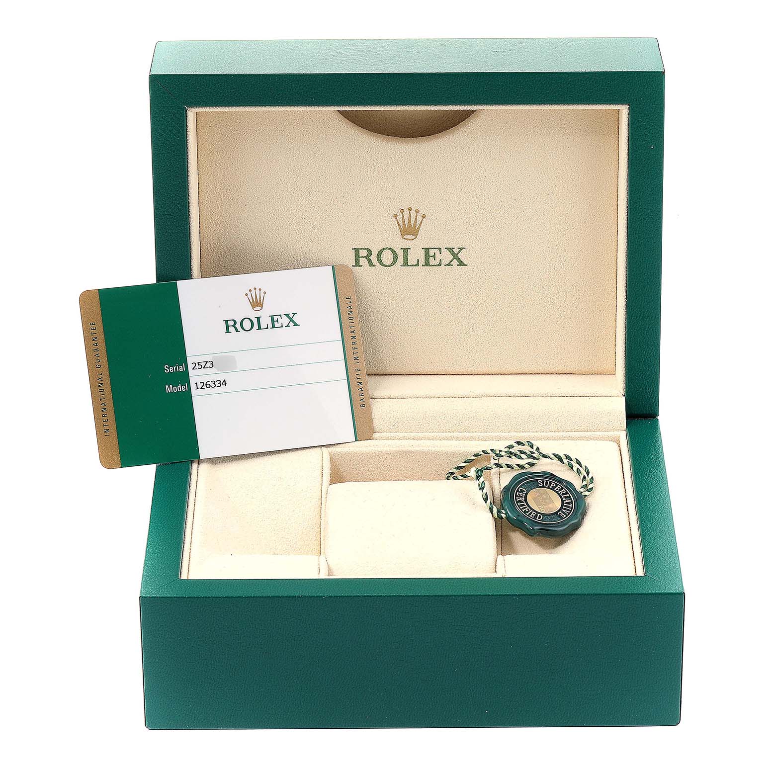 The image shows a Rolex Datejust 41 126334 Men's Stainless Steel Grey Dial 126334 Men's Stainless Steel Grey Dial watch box with a model card and a tag inside.