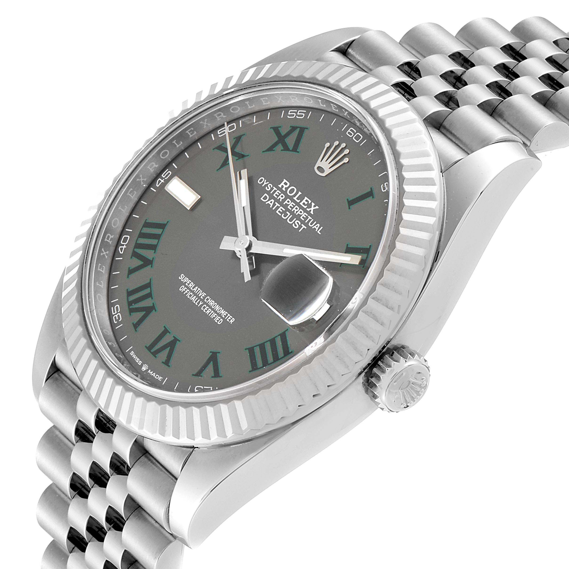 The image shows a Rolex Datejust 41 126334 Men's Stainless Steel Grey Dial 126334 Men's Stainless Steel Grey Dial watch from a slightly angled side view, featuring the face, bezel, crown, and part of the bracelet.