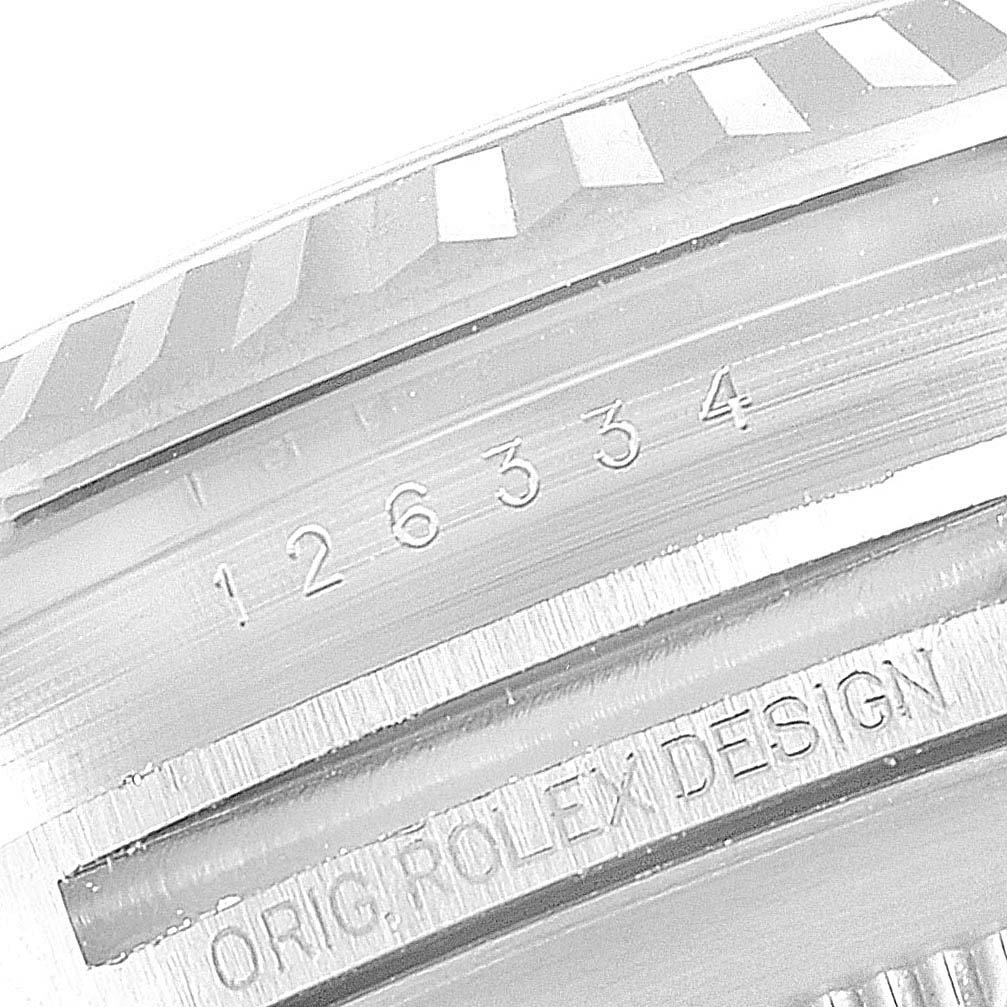 The image shows a close-up angle of the Rolex Datejust 41 126334 Men's Stainless Steel Grey Dial 126334 Men's Stainless Steel Grey Dial model, highlighting the serial number and "ORIG. ROLEX DESIGN" engraving.