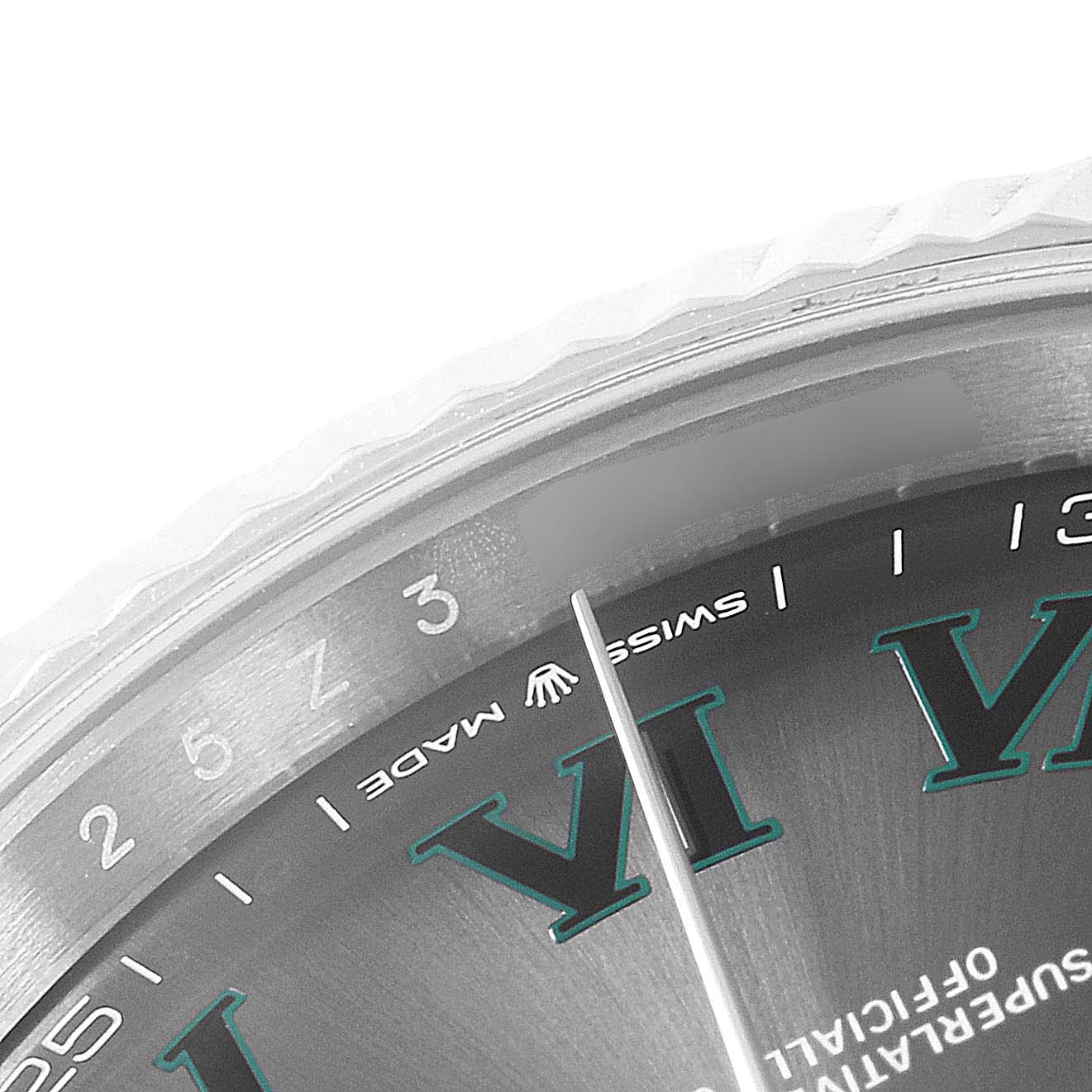 The image shows a close-up of the dial and bezel of a Rolex Datejust 41 126334 Men's Stainless Steel Grey Dial 126334 Men's Stainless Steel Grey Dial watch, with visible numerals and the "Swiss Made" text.
