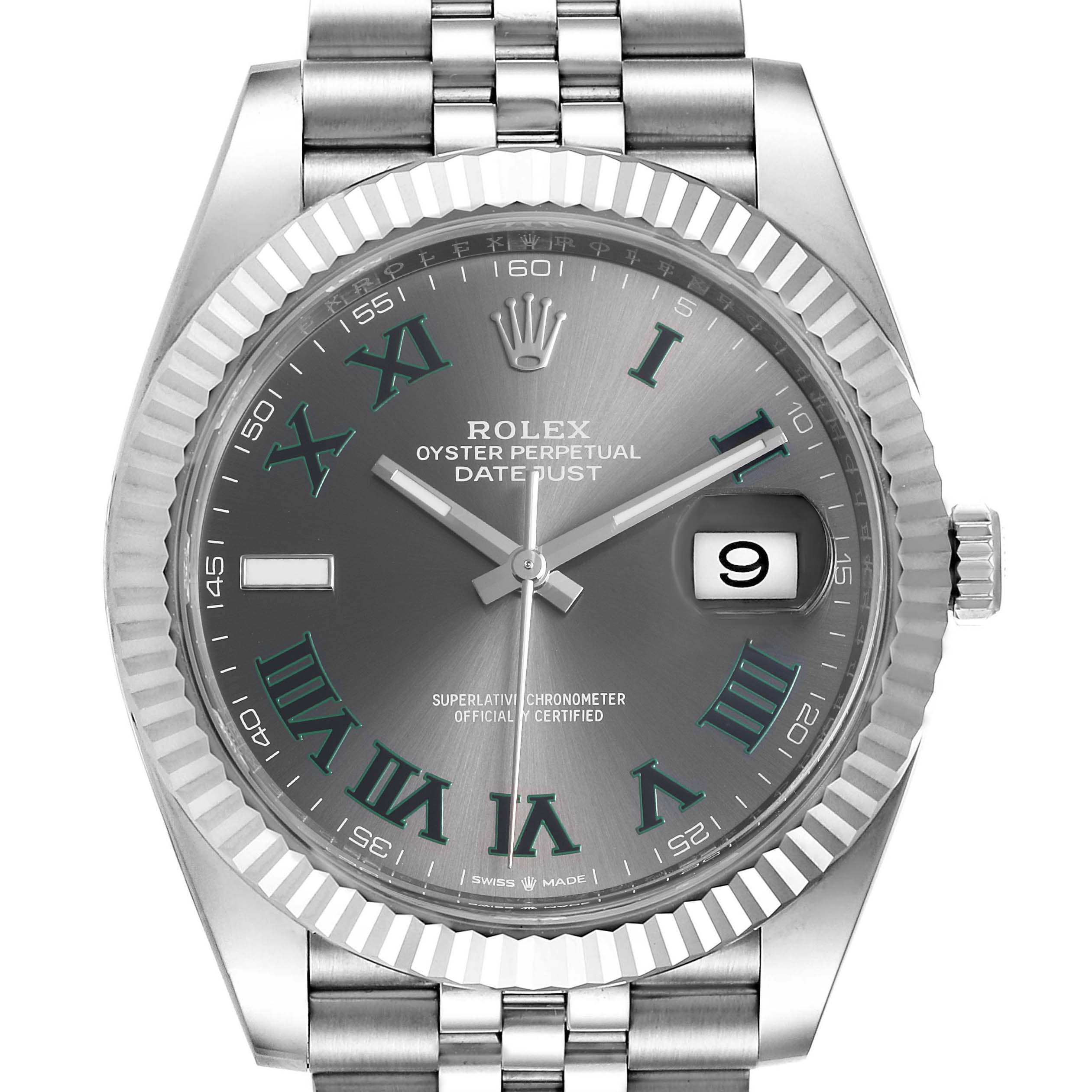 This is a front view of a Rolex Datejust 41 126334 Men's Stainless Steel Grey Dial 126334 Men's Stainless Steel Grey Dial showing the dial, hands, date window, and part of the Jubilee bracelet.