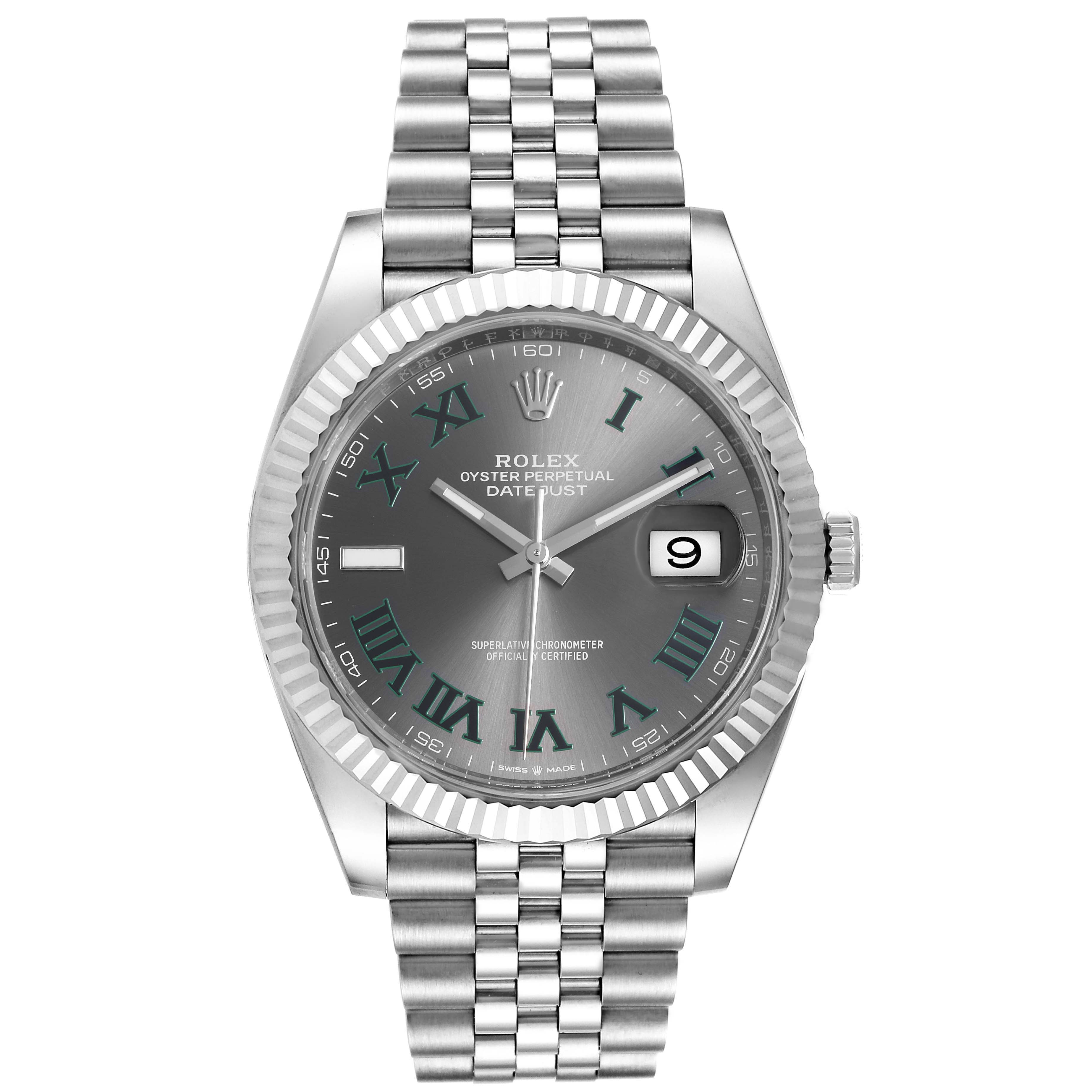 The image shows a front view of a Rolex Datejust 41 126334 Men's Stainless Steel Grey Dial 126334 Men's Stainless Steel Grey Dial with a grey dial, Roman numerals, date display, and a Jubilee bracelet.