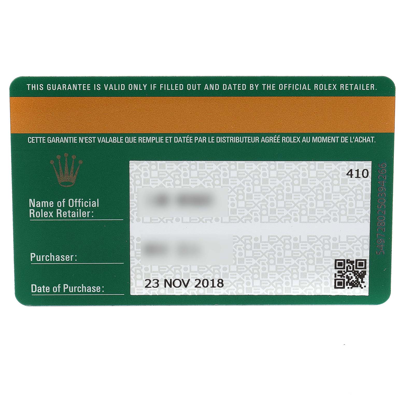 This image shows the warranty card for the Rolex Datejust 41 126334 Men's Stainless Steel Grey Dial 126334 Men's Stainless Steel Grey Dial model.