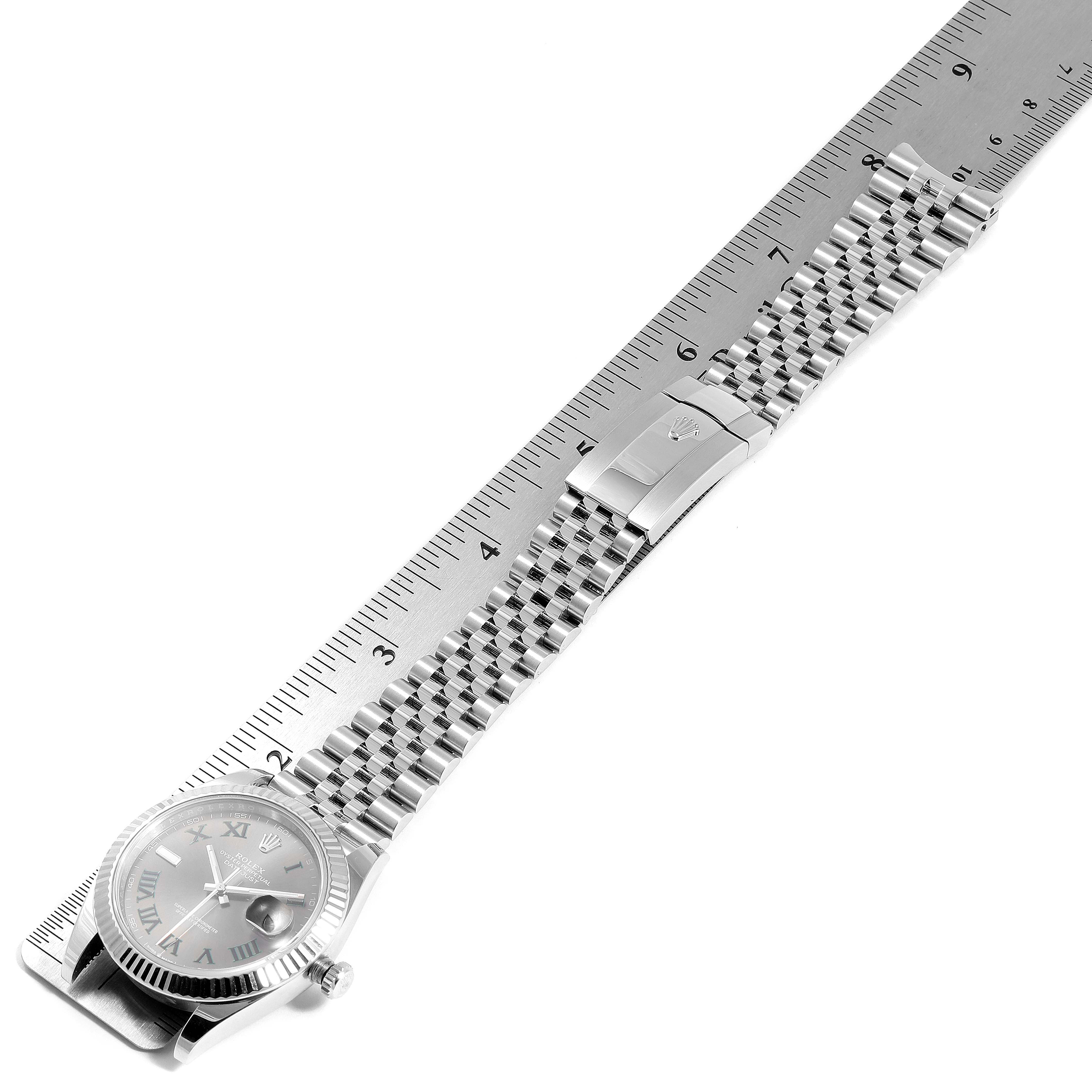 This image shows a Rolex Datejust 41 126334 Men's Stainless Steel Grey Dial 126334 Men's Stainless Steel Grey Dial model from an overhead angle, displaying the watch face, Jubilee bracelet, and folding clasp.