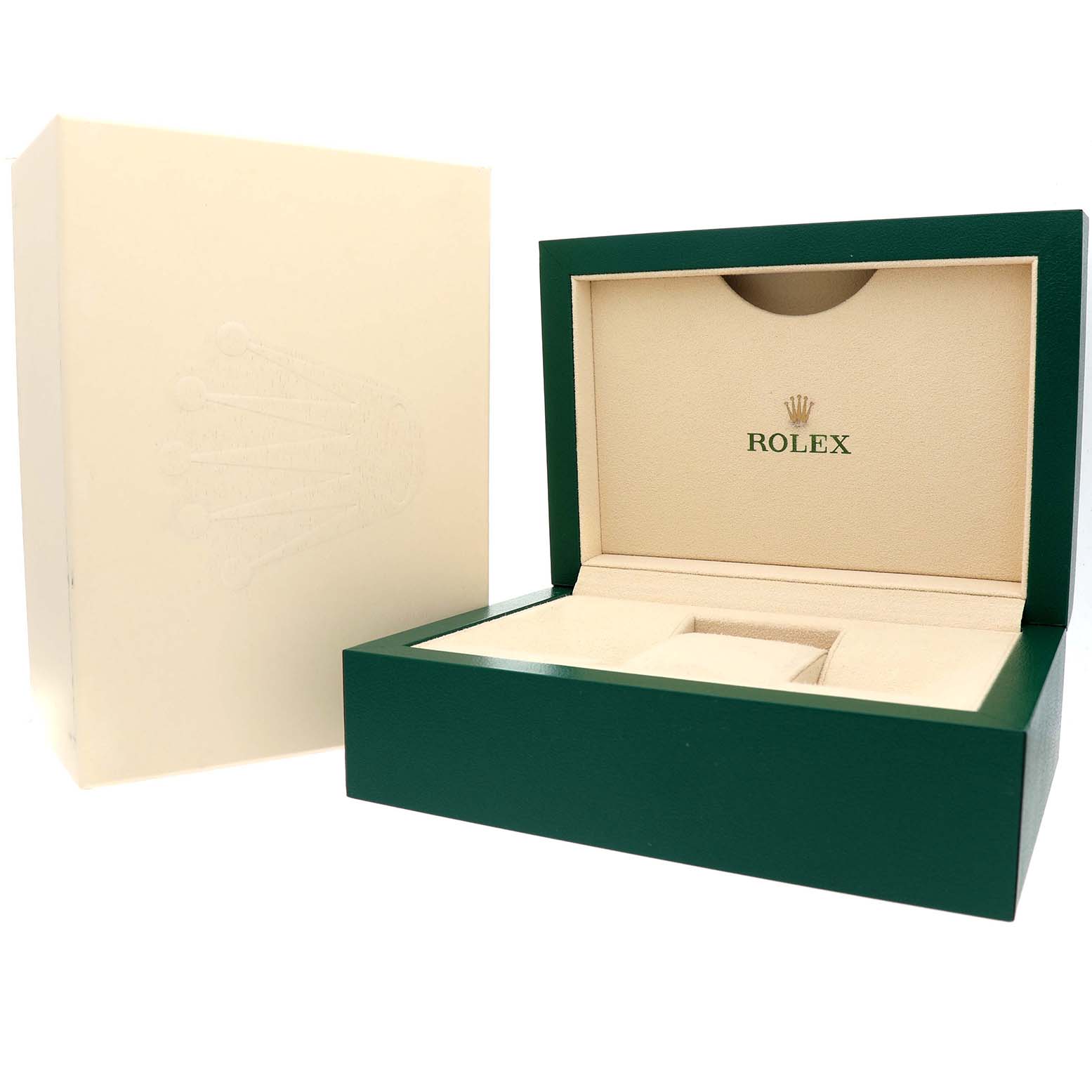 The image shows the open green and beige box for a Rolex Datejust 41 126303 Men's Steel and Gold (two tone) Black Dial watch, with the logo inside.