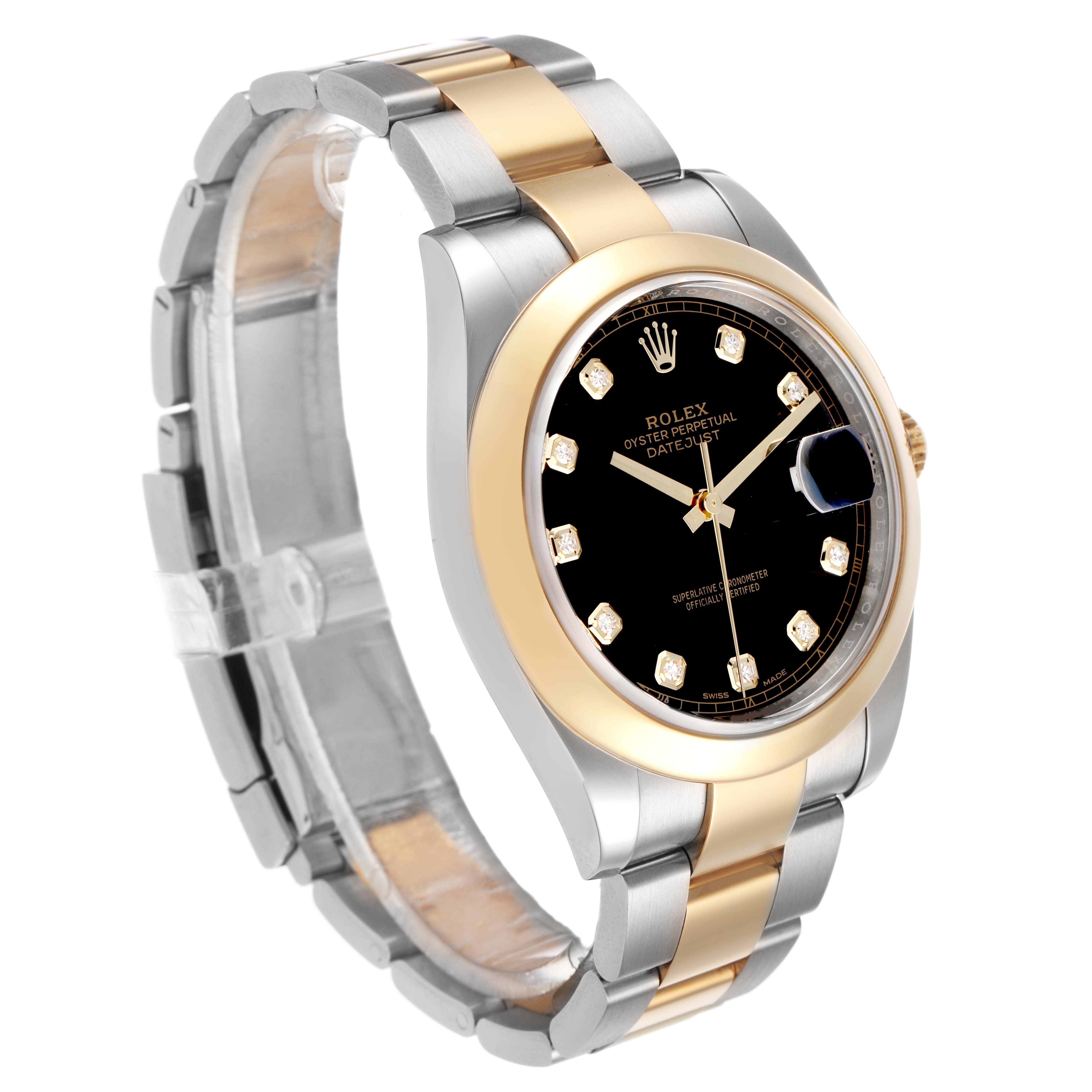 The Rolex Datejust 41 126303 Men's Steel and Gold (two tone) Black Dial is shown at a three-quarter angle, highlighting the two-tone bracelet, black dial, and gold bezel.