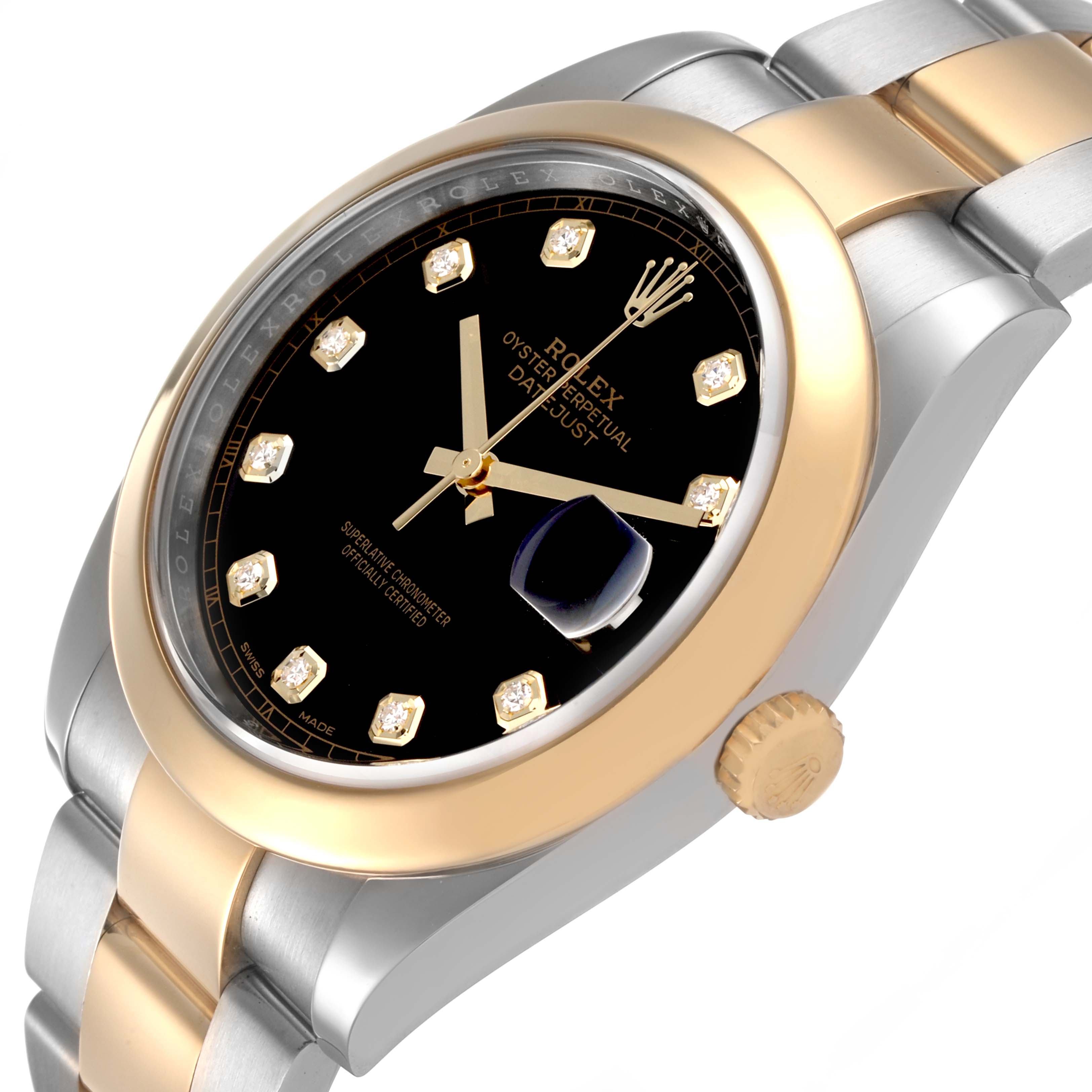The Rolex Datejust 41 126303 Men's Steel and Gold (two tone) Black Dial is shown at an angle highlighting the bezel, dial, crown, and a portion of the bracelet.