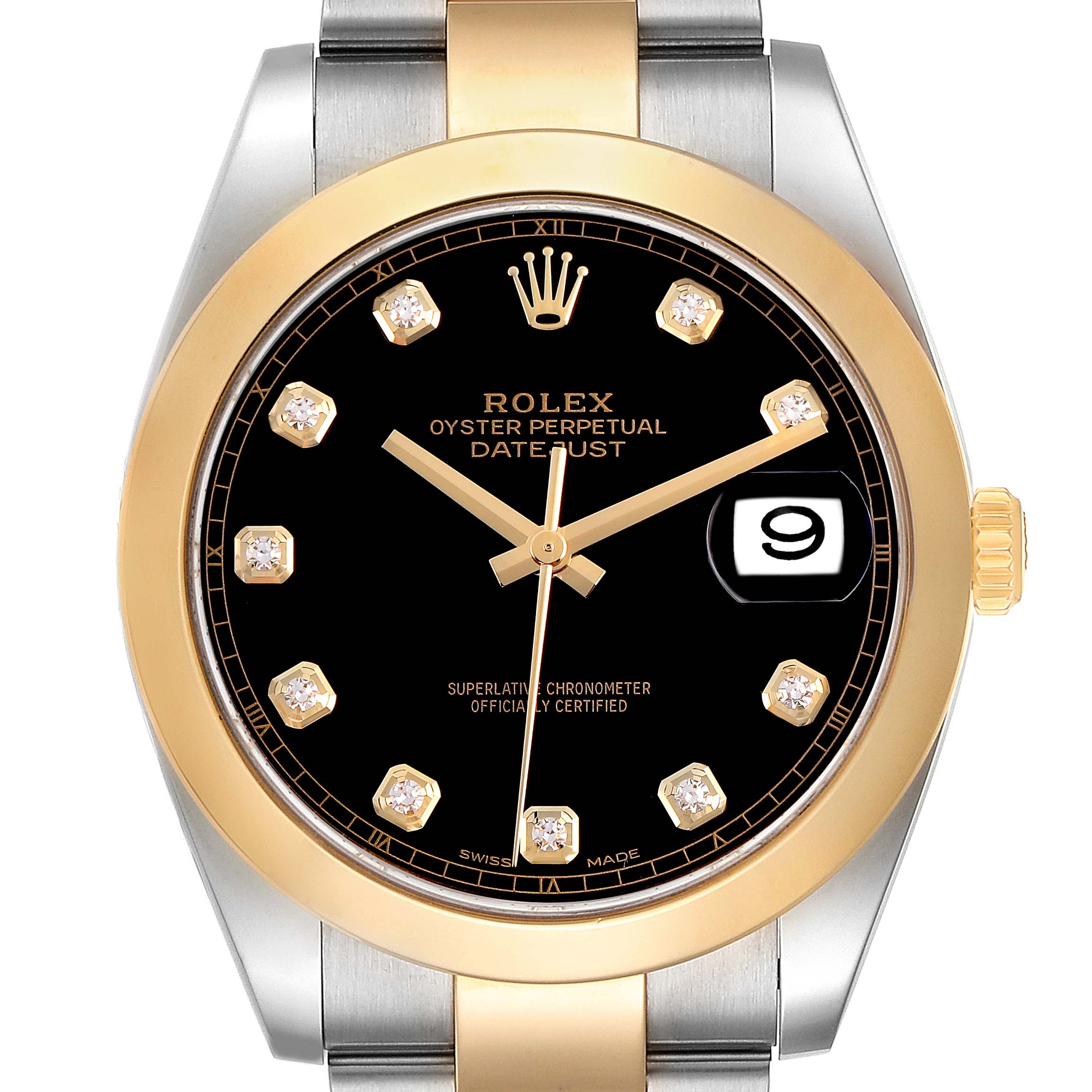 The Rolex Datejust 41 126303 Men's Steel and Gold (two tone) Black Dial is shown from the front, highlighting the dial, bezel, crown, and part of the bracelet.