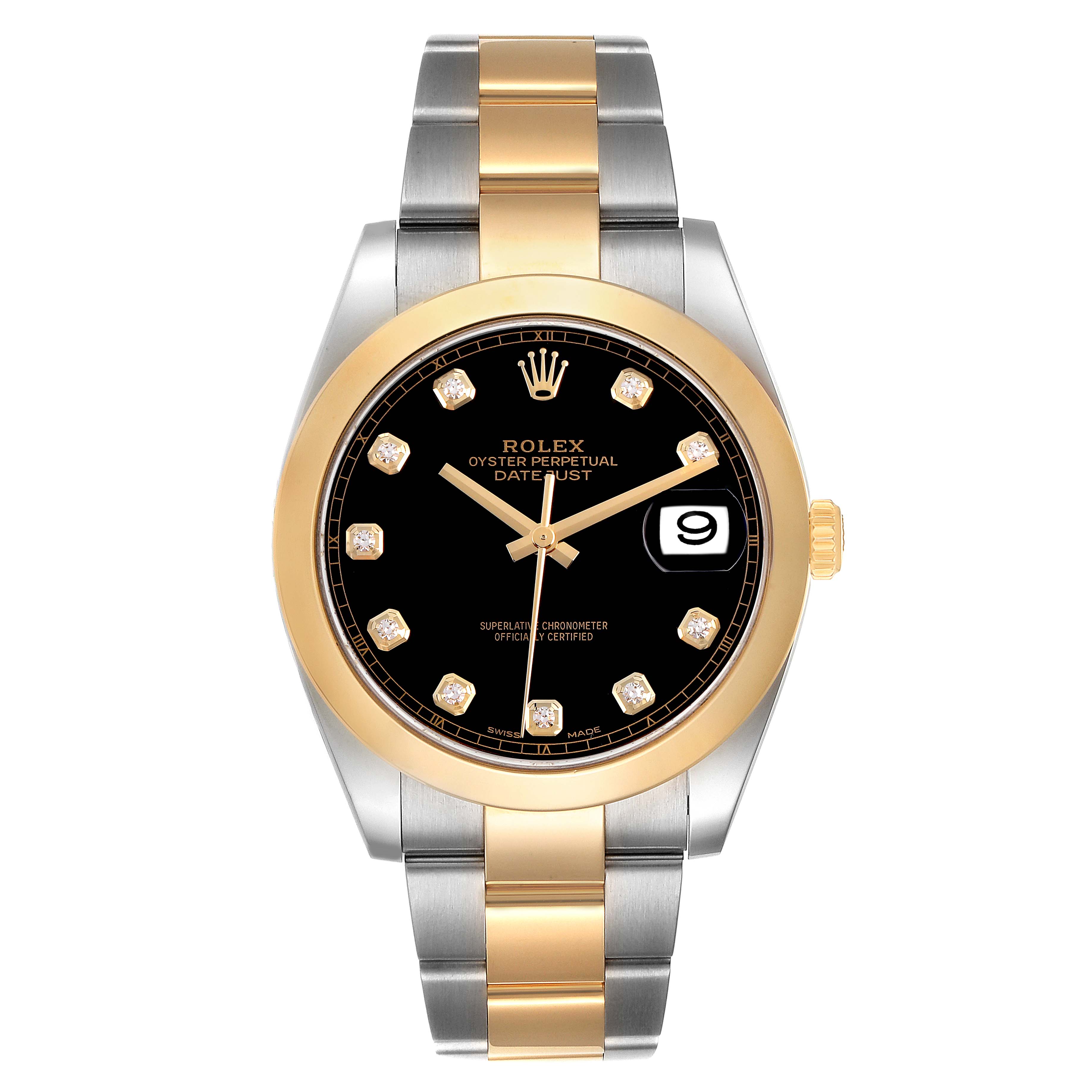 The Rolex Datejust 41 126303 Men's Steel and Gold (two tone) Black Dial is shown from the front, highlighting the bezel, dial, bracelet, and crown.