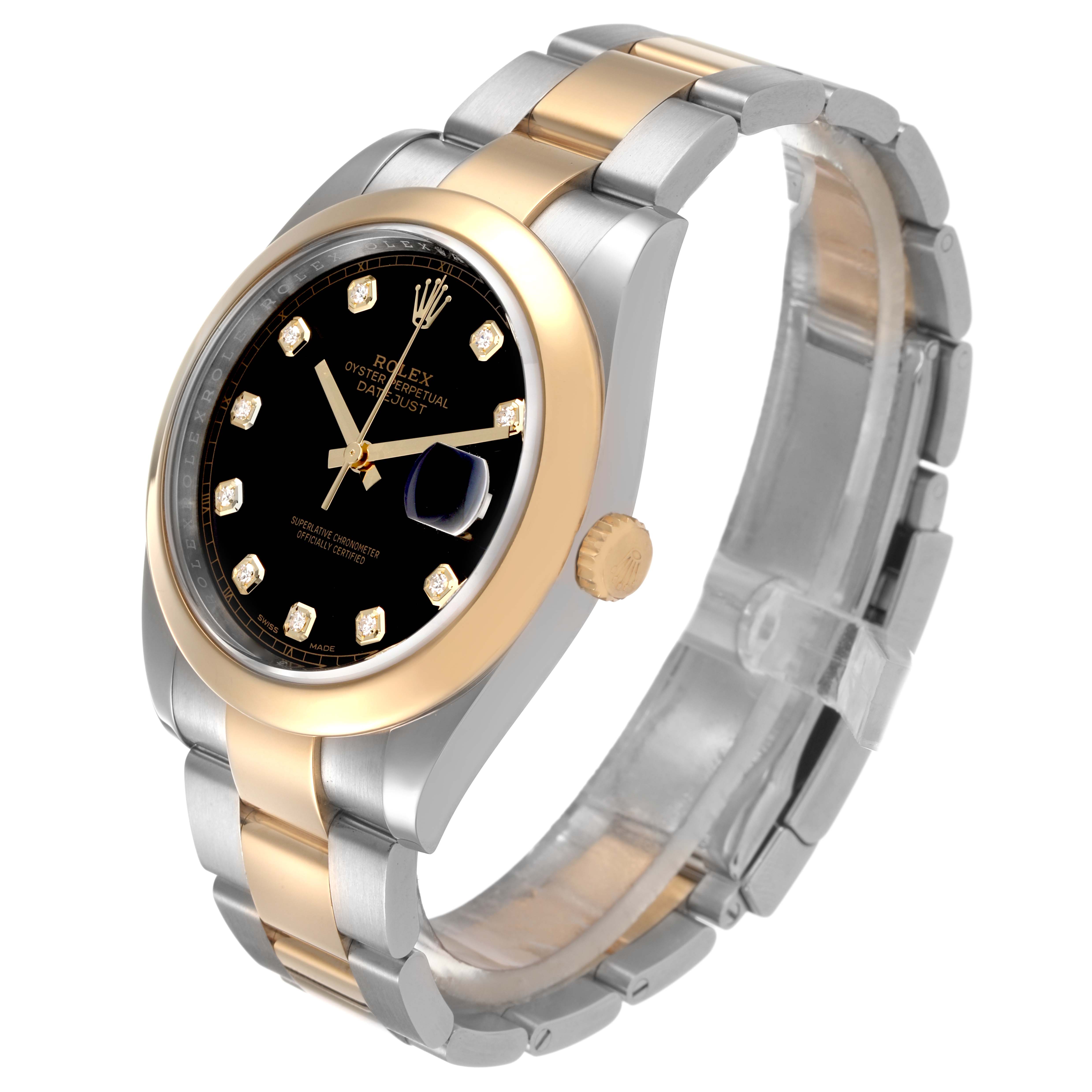 The Rolex Datejust 41 126303 Men's Steel and Gold (two tone) Black Dial is shown at a three-quarter angle, highlighting the bezel, dial, bracelet, and crown.